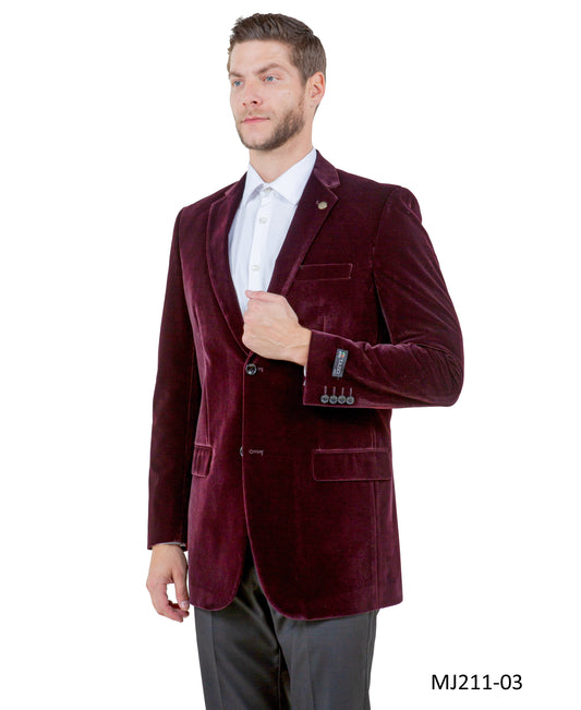 Solid Wine Velvet Modern Fit Notch Lapel Tazzio Men's Jacket