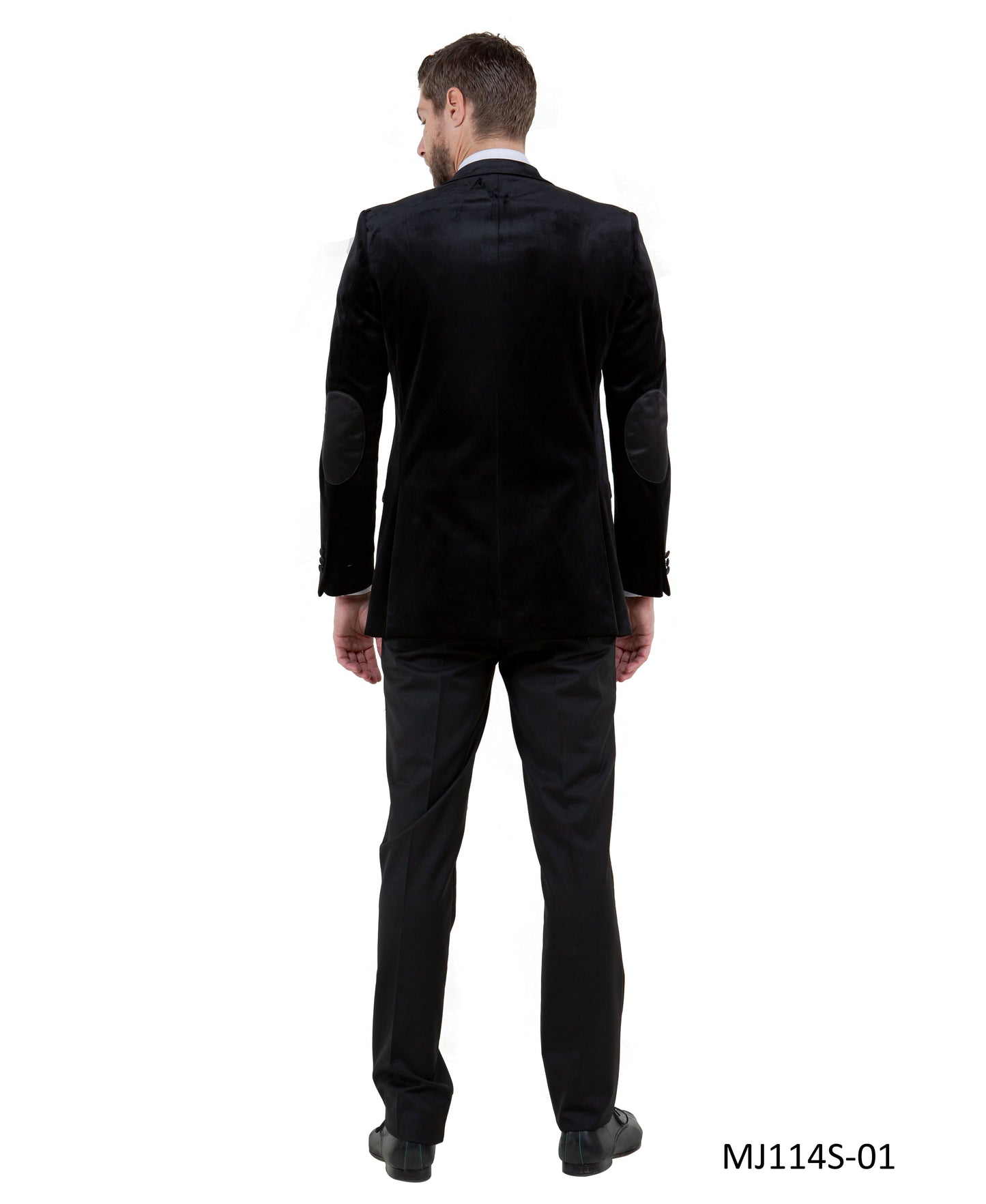 Black Velvet Modern Fit Satin Peak Lapel With Elbow Patch Tazzio Men's Jacket