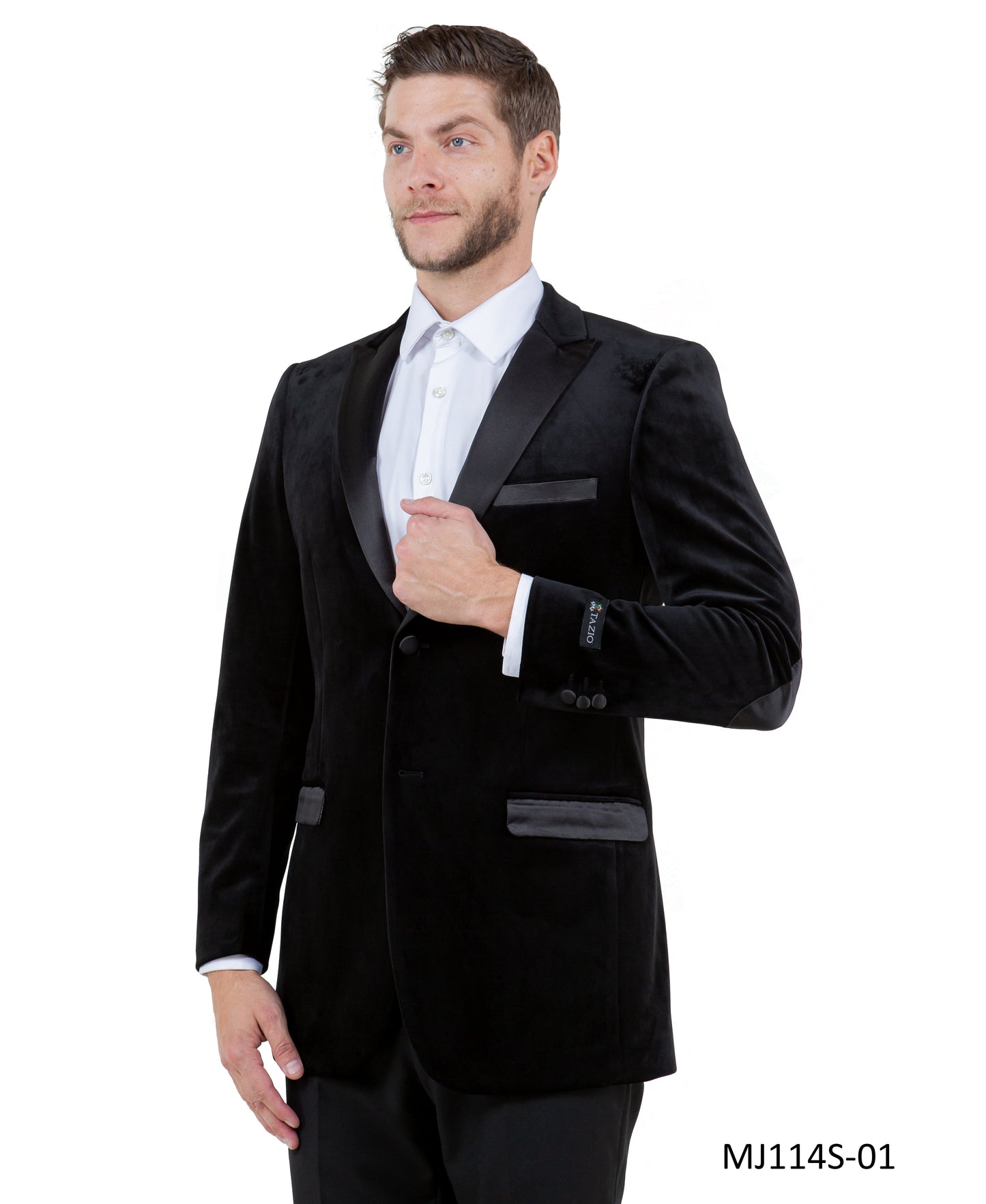 Black Velvet Modern Fit Satin Peak Lapel With Elbow Patch Tazzio Men's Jacket