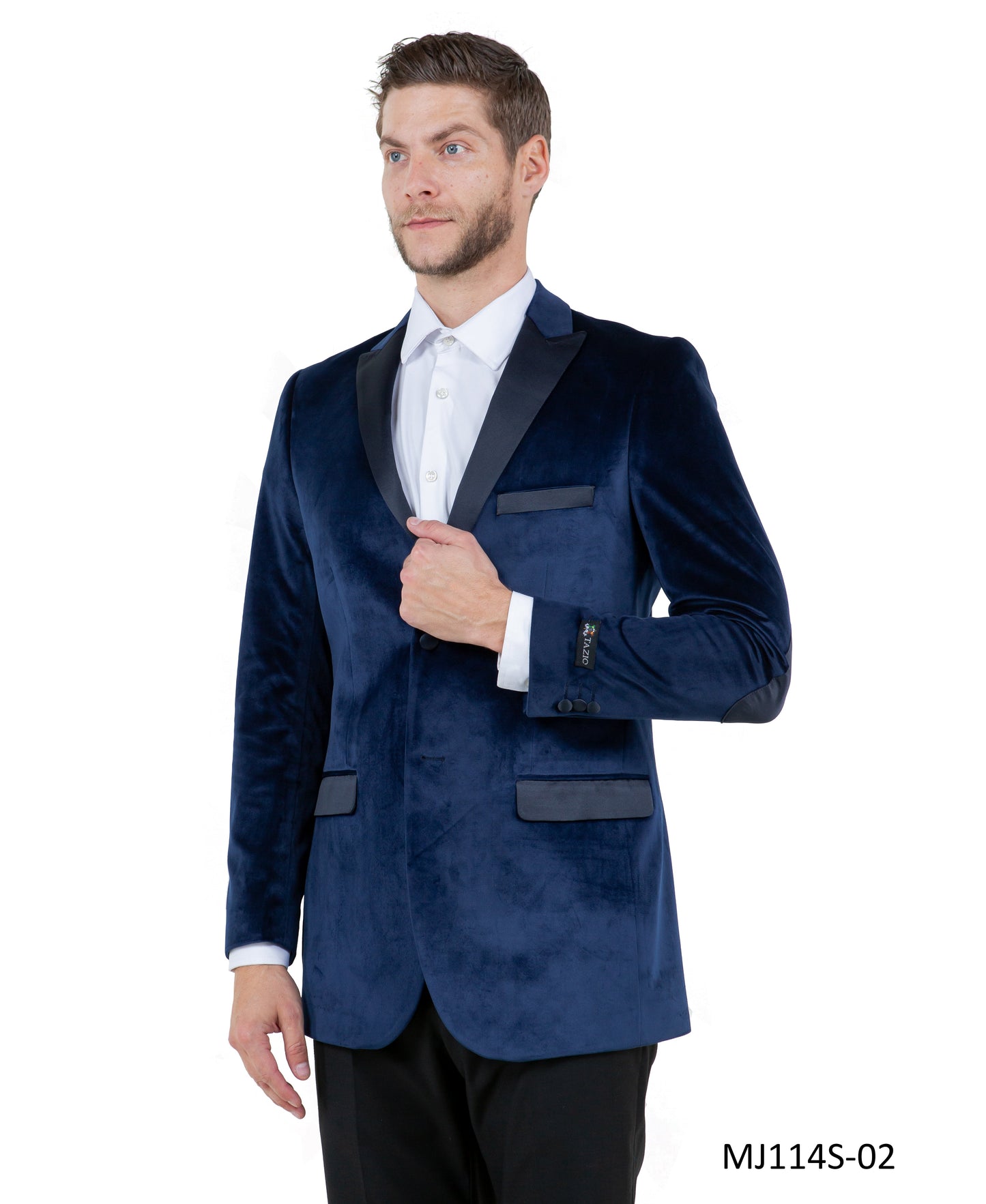 Navy Velvet Modern Fit Satin Peak Lapel With Elbow Patch Tazzio Men's Jacket