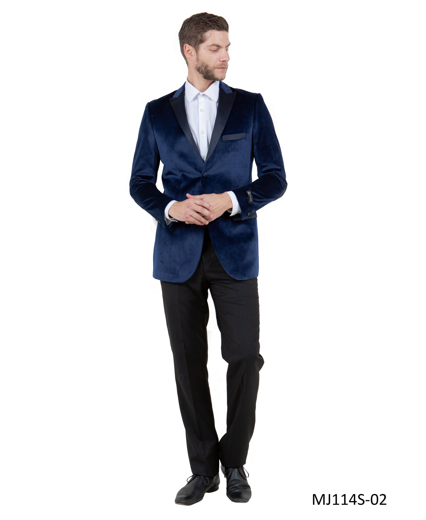 Navy Velvet Modern Fit Satin Peak Lapel With Elbow Patch Tazzio Men's Jacket