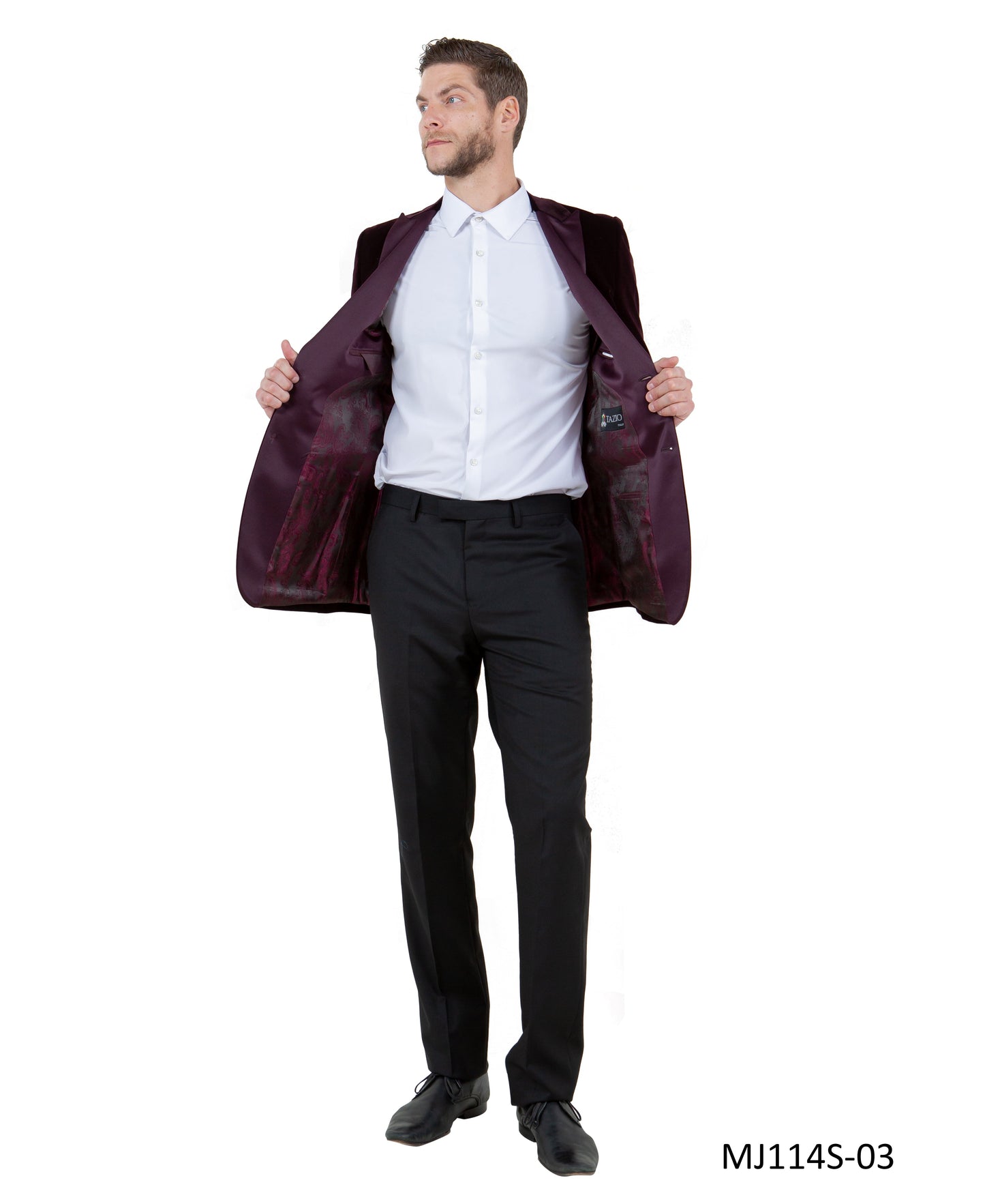 Wine Velvet Modern Fit Satin Peak Lapel With Elbow Patch Tazzio Men's Jacket