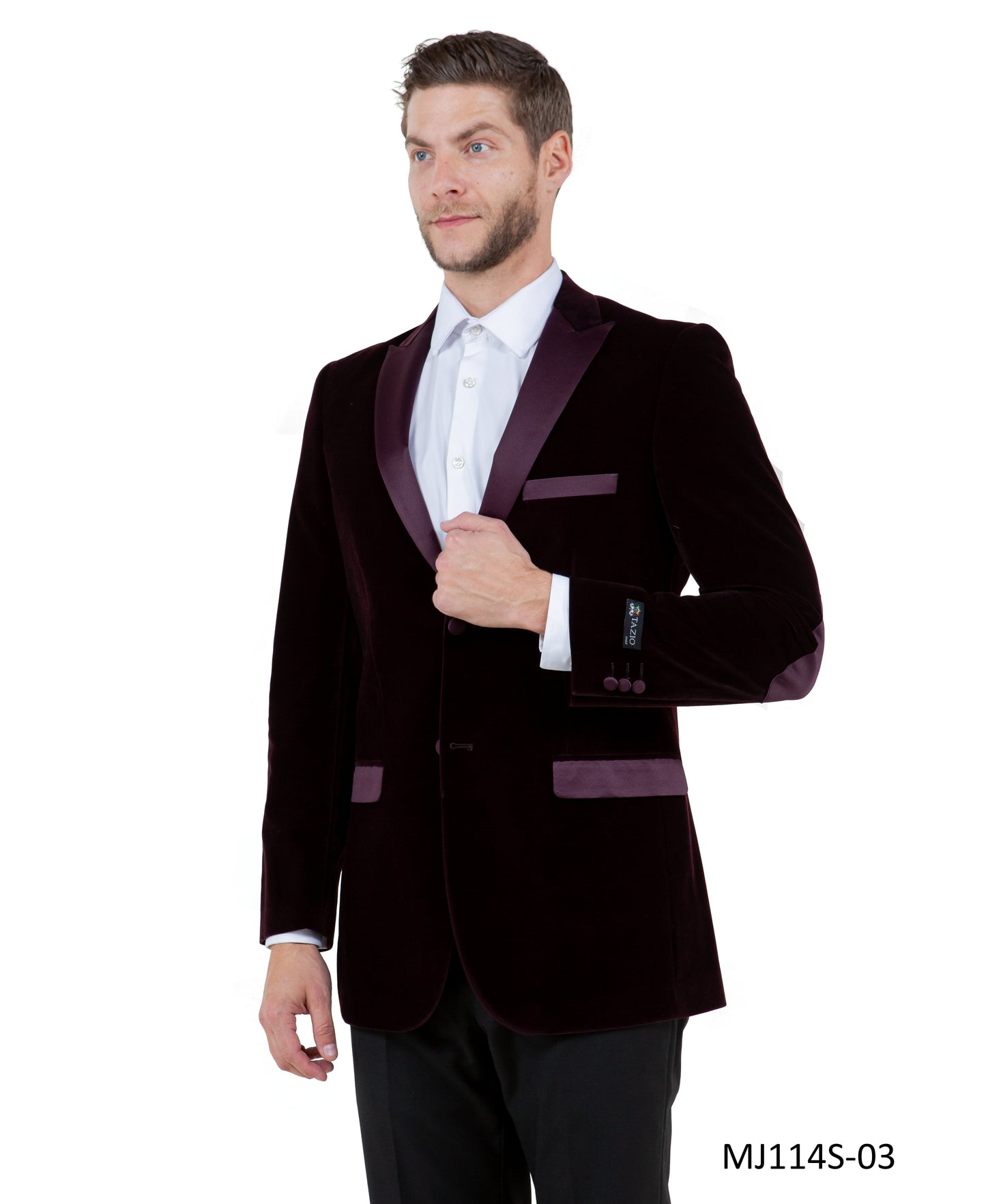 Wine Velvet Modern Fit Satin Peak Lapel With Elbow Patch Tazzio Men's Jacket