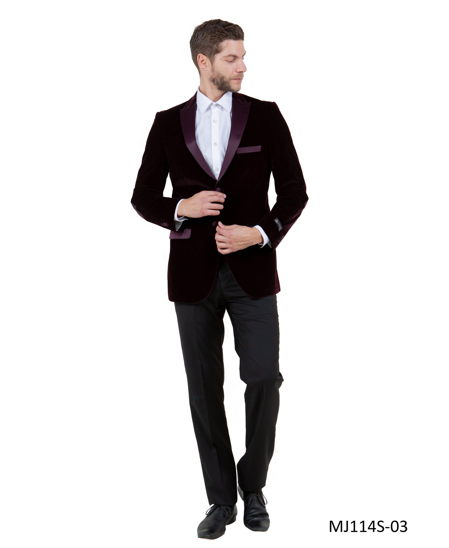 Wine Velvet Modern Fit Satin Peak Lapel With Elbow Patch Tazzio Men's Jacket