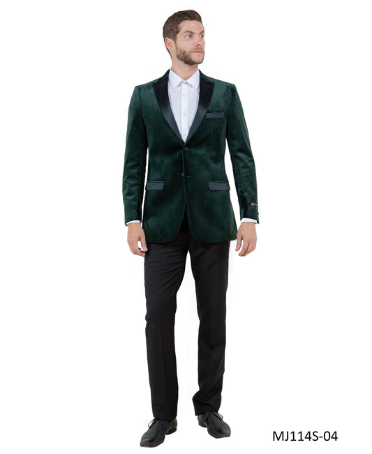 Hunter Green Velvet Modern Fit Satin Peak Lapel With Elbow Patch Tazzio Men's Jacket