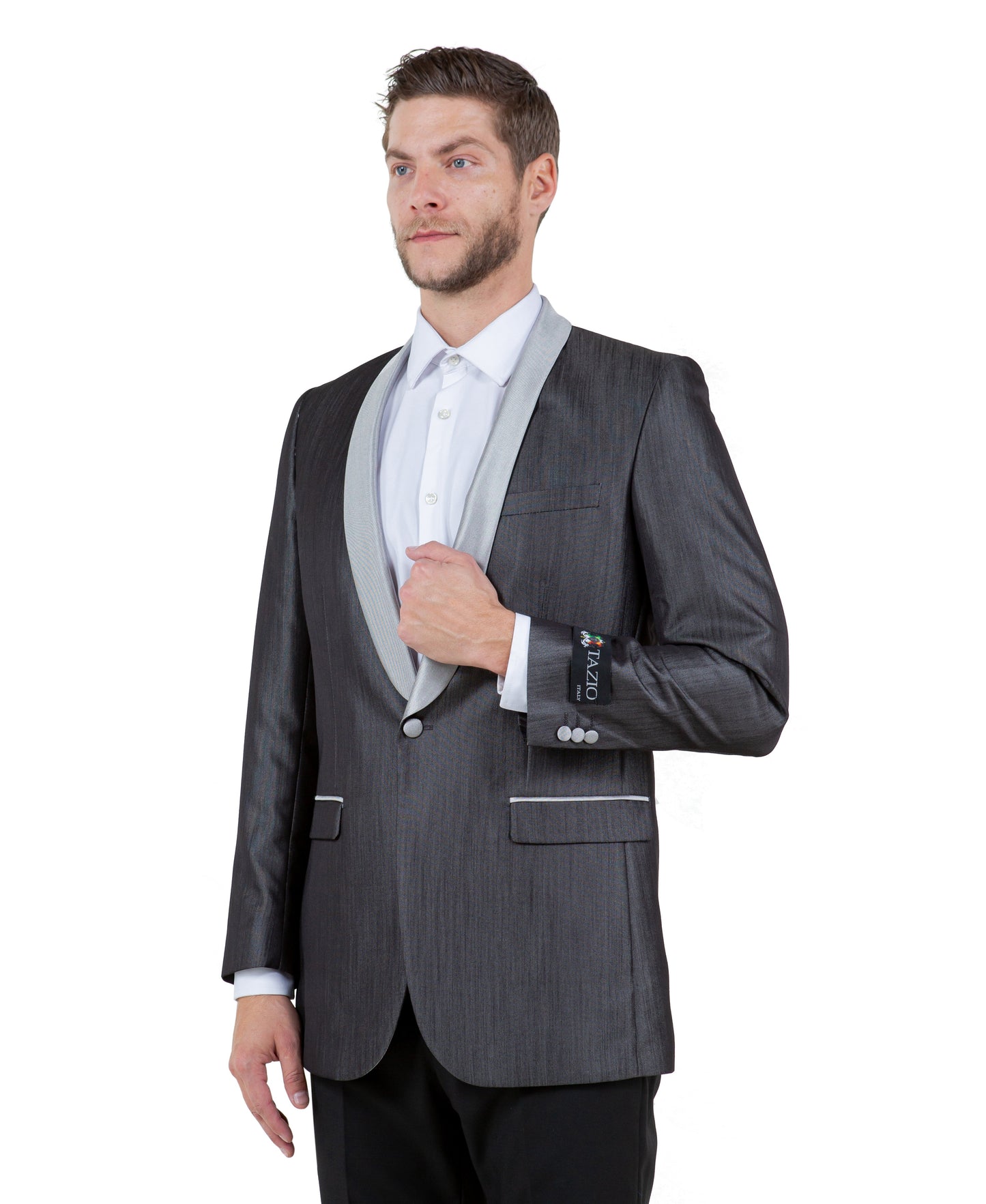 Grey Satin Shawl lapel Slim Fit Tazzio Men's Dinner Jacket