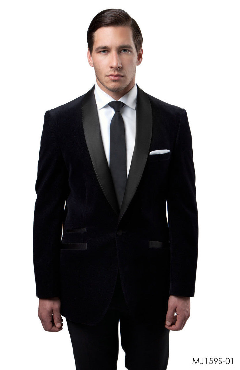 Black Velvet Satin Shawl Lapel With Pick Stitch Slim Fit Tazzio Men's Dinner Jacket