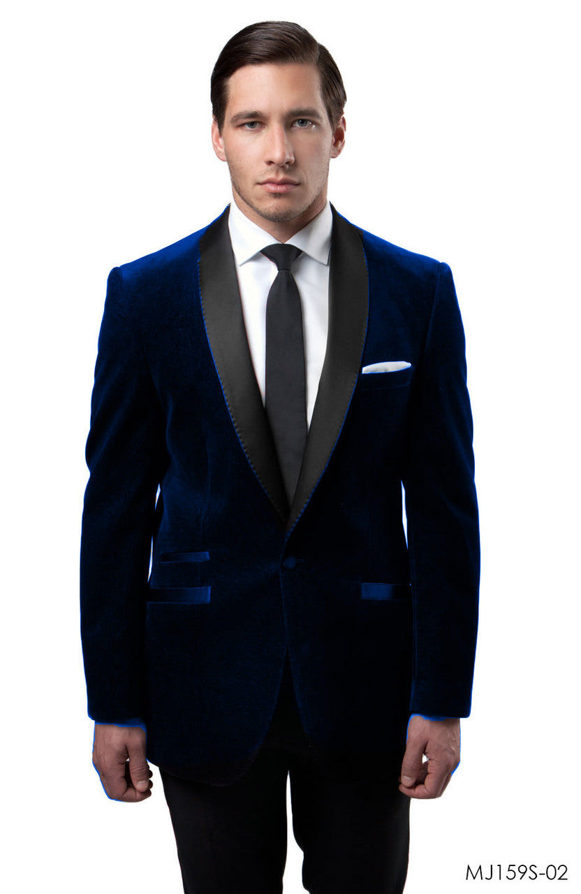 Blue Velvet Satin Shawl Lapel With Pick Stitch Slim Fit Tazzio Men's Dinner Jacket