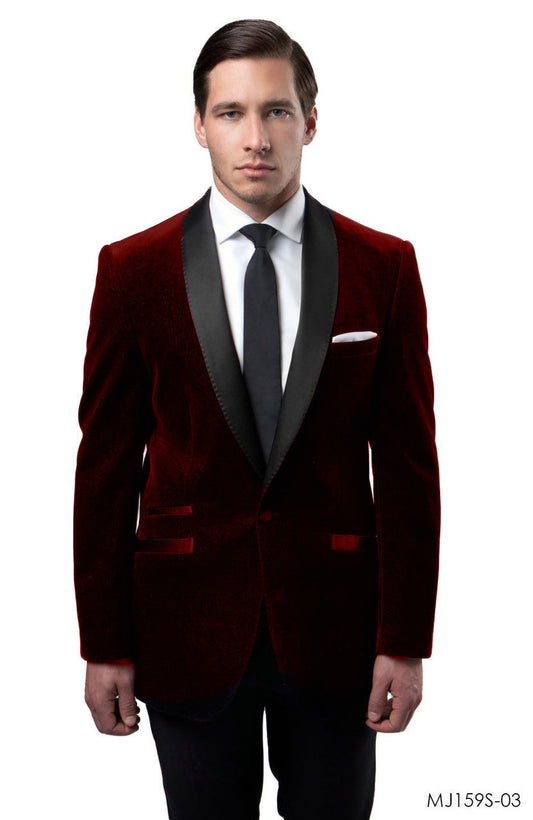 Burgundy Velvet Satin Shawl Lapel With Pick Stitch Slim Fit Tazzio Men's Dinner Jacket