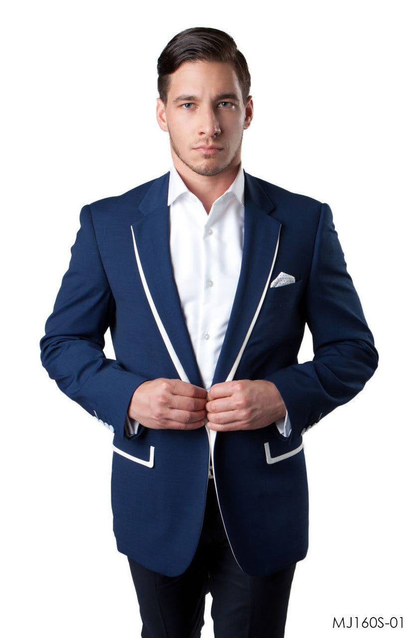 Dark Blue Notch Lapel With White trim Slim Fit Tazzio Men's Jacket