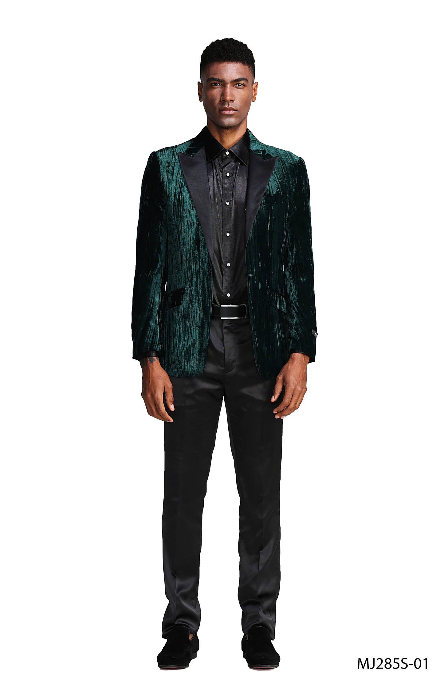 Hunter Green Velvet Textured Satin Peak Lapel Slim Fit Tazzio Men's Jacket