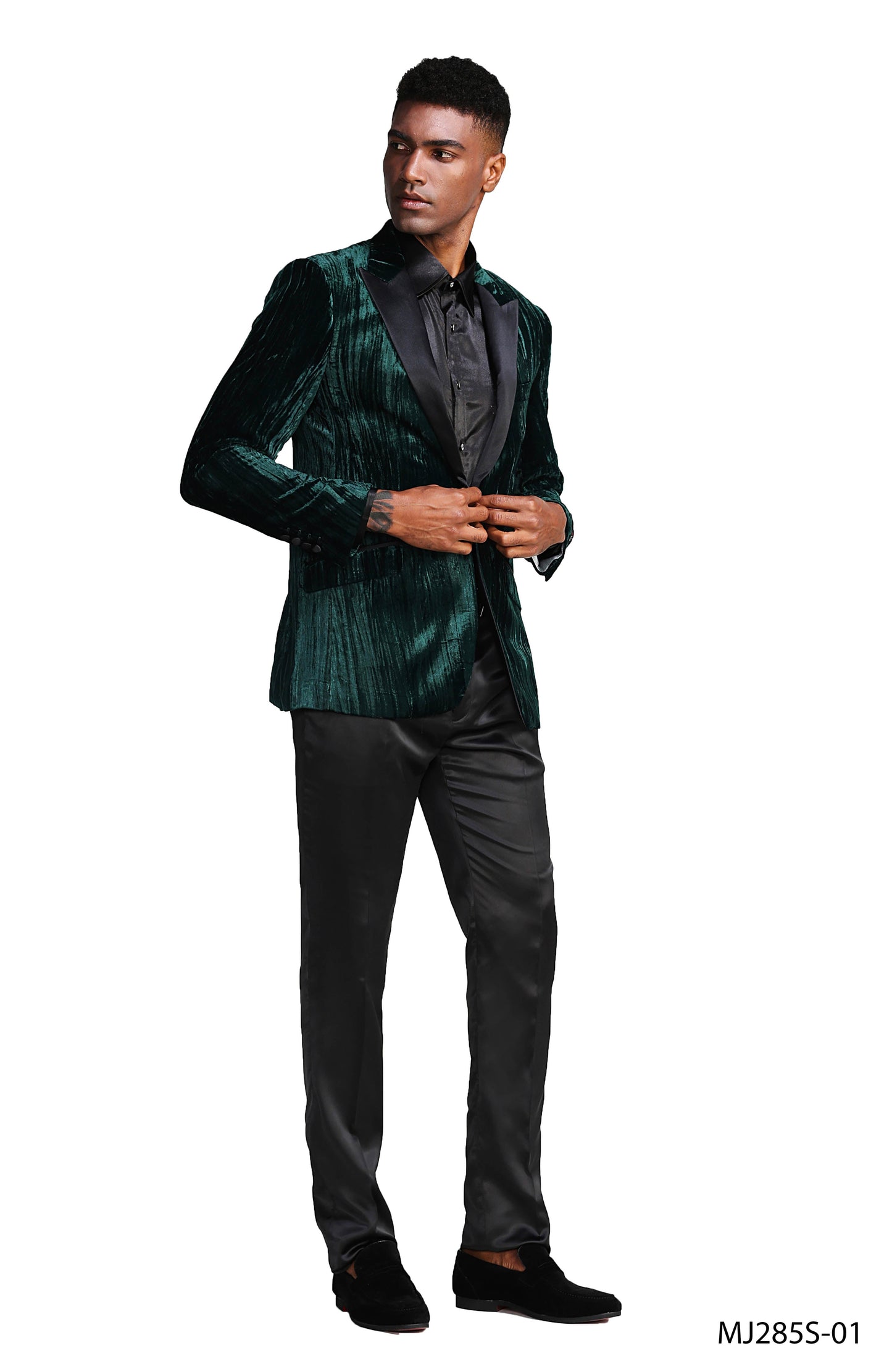 Hunter Green Velvet Textured Satin Peak Lapel Slim Fit Tazzio Men's Jacket