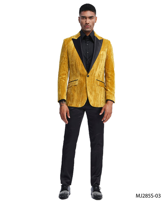 Gold Velvet Textured Satin Peak Lapel Slim Fit Tazzio Men's Jacket