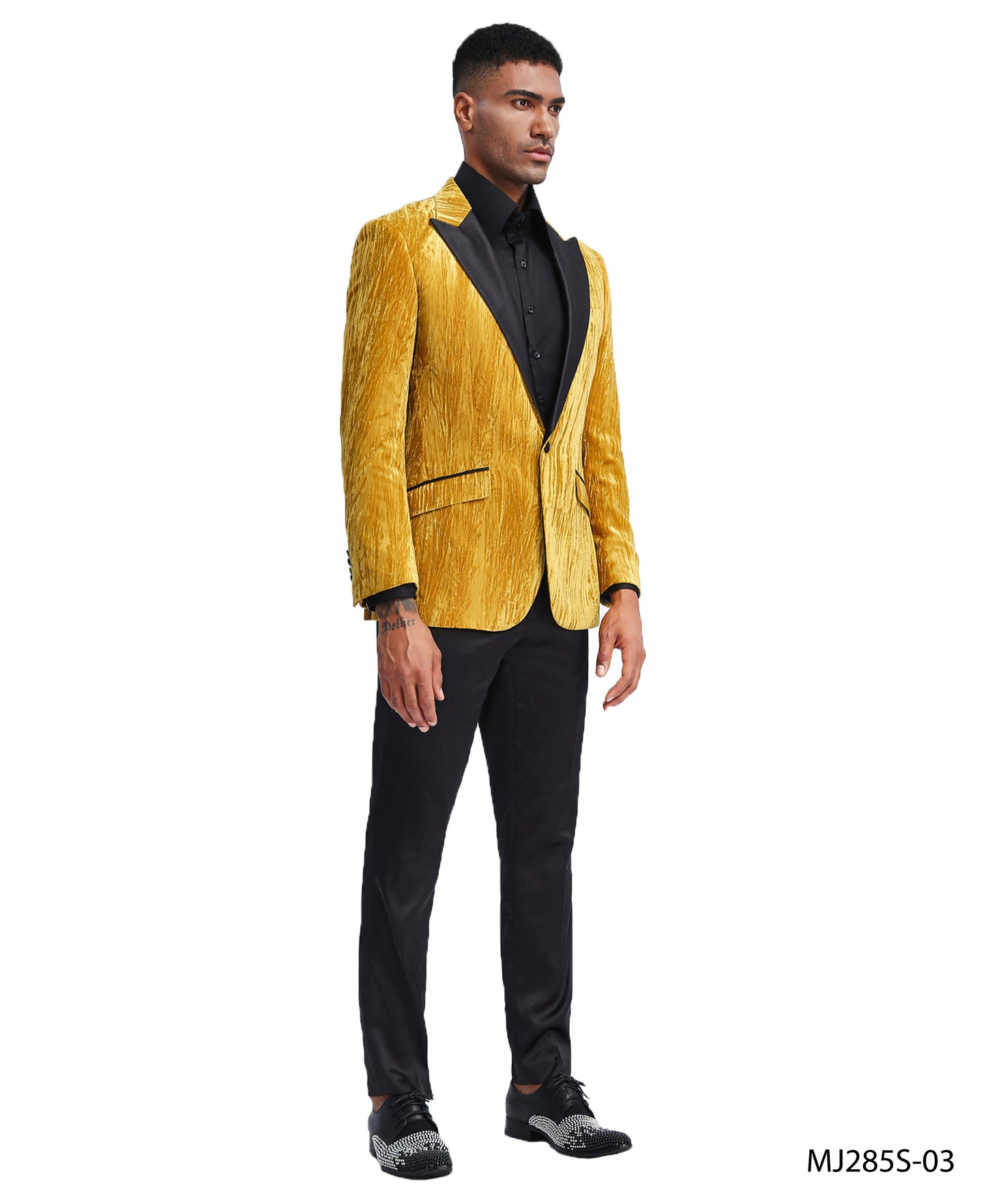 Gold Velvet Textured Satin Peak Lapel Slim Fit Tazzio Men's Jacket