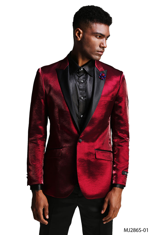 Burgundy Satin Textured Black Satin Peak Lapel Slim Fit Tazzio Men's Jacket