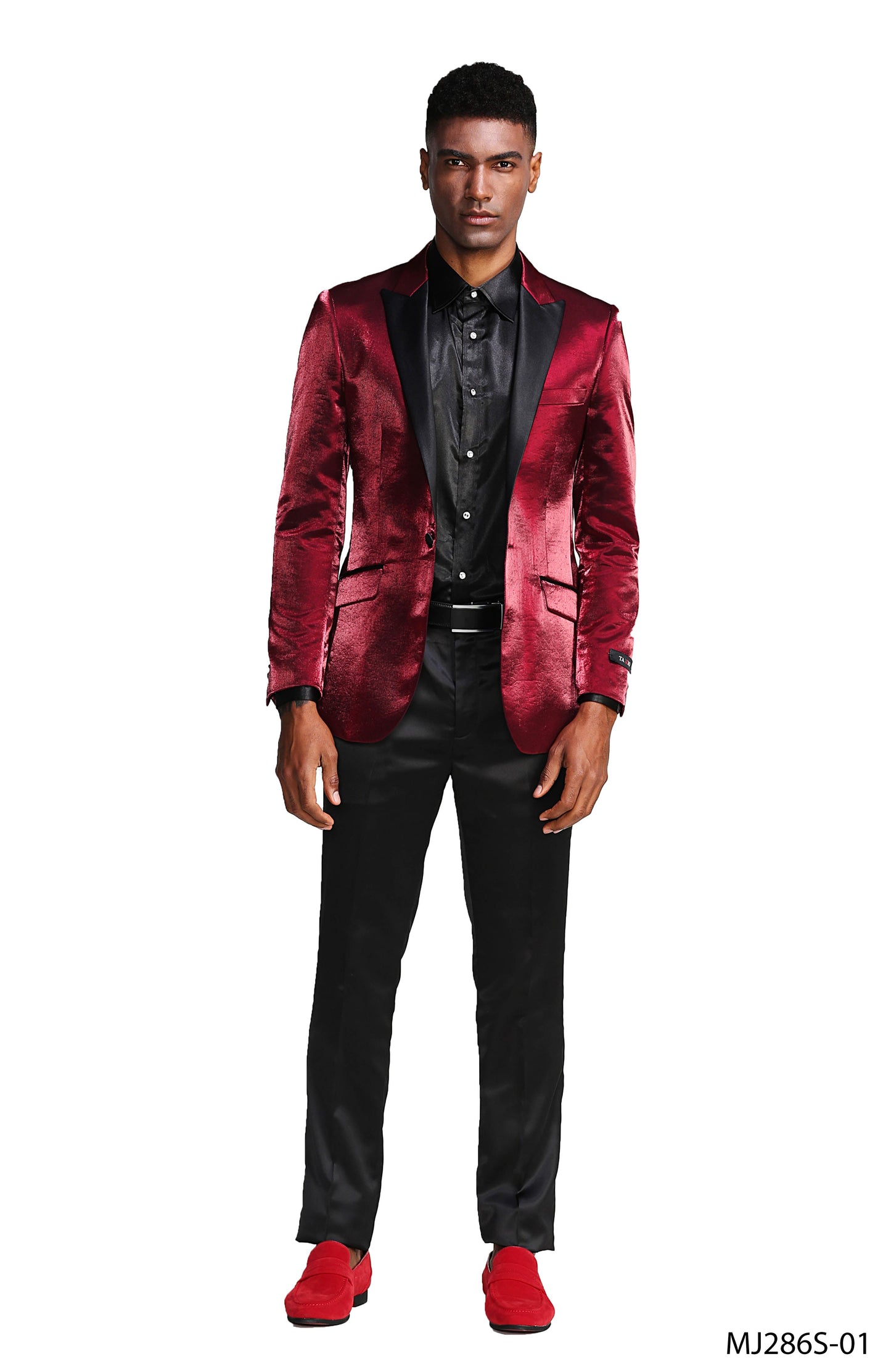 Burgundy Satin Textured Black Satin Peak Lapel Slim Fit Tazzio Men's Jacket