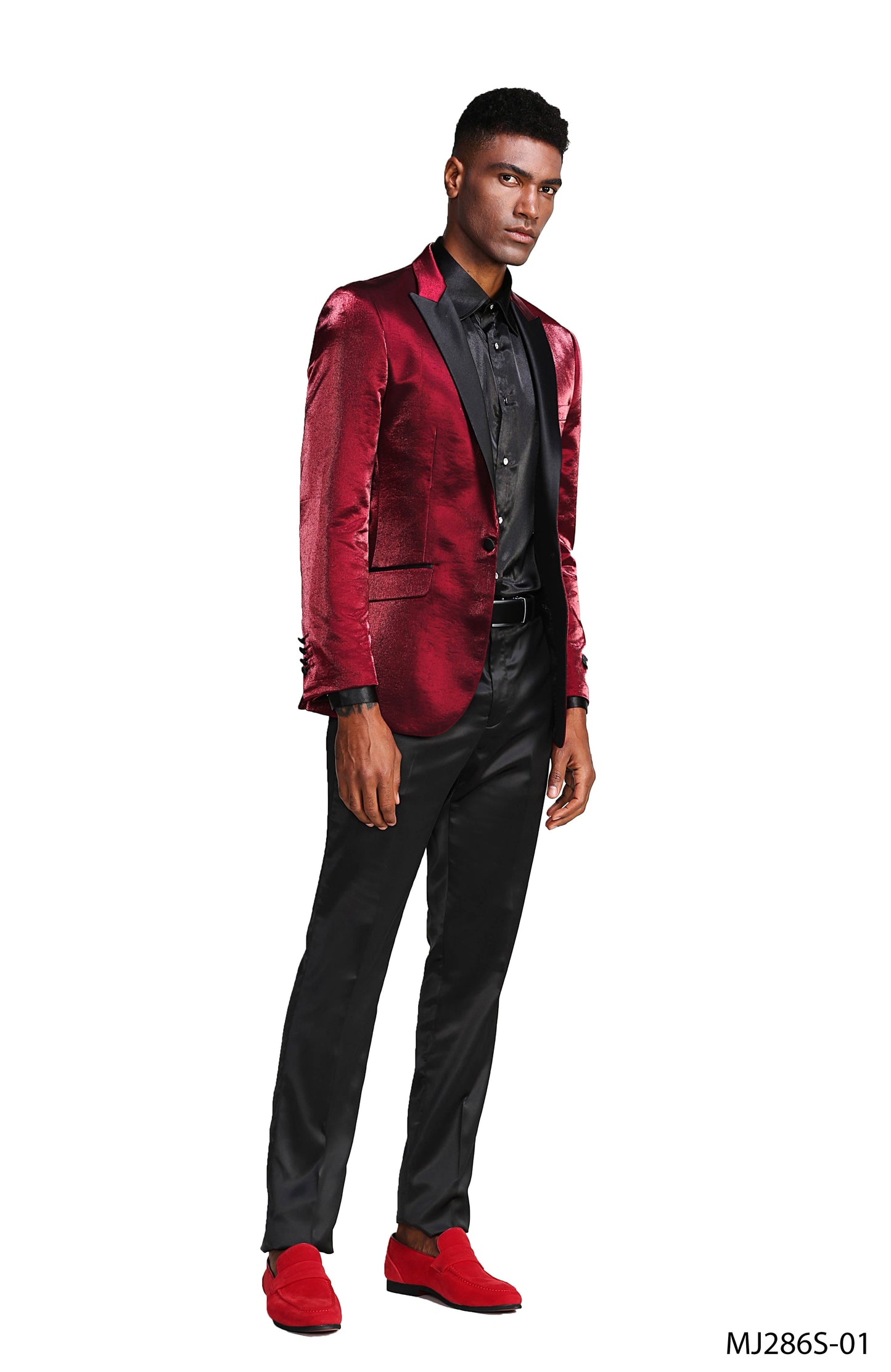 Burgundy Satin Textured Black Satin Peak Lapel Slim Fit Tazzio Men's Jacket