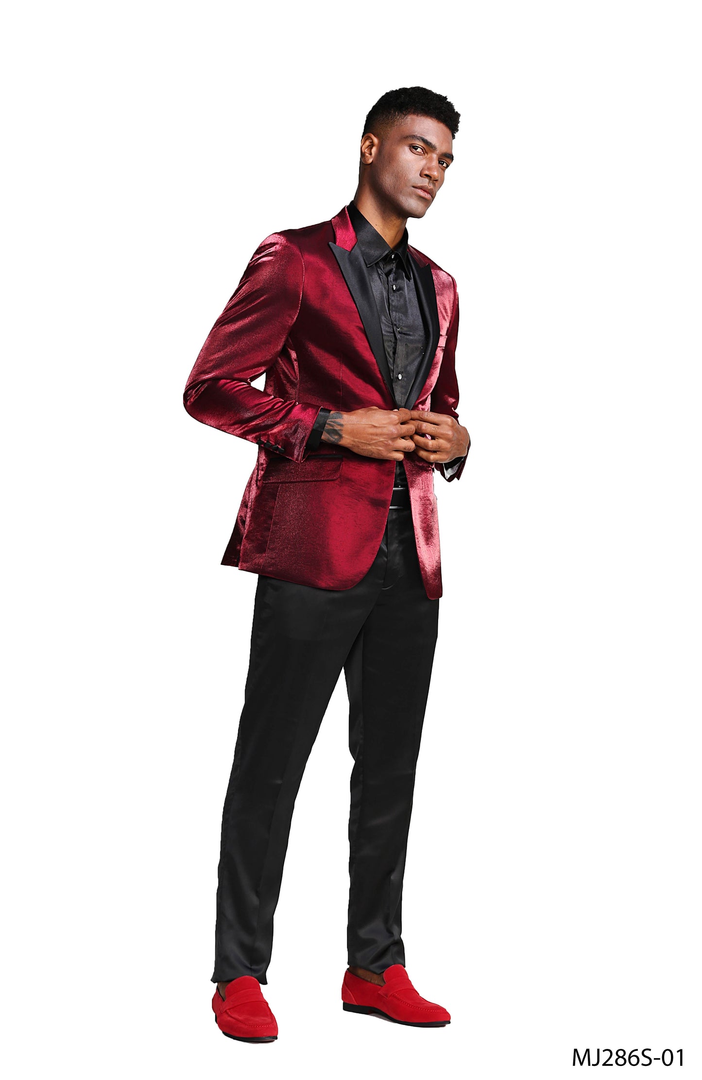 Burgundy Satin Textured Black Satin Peak Lapel Slim Fit Tazzio Men's Jacket