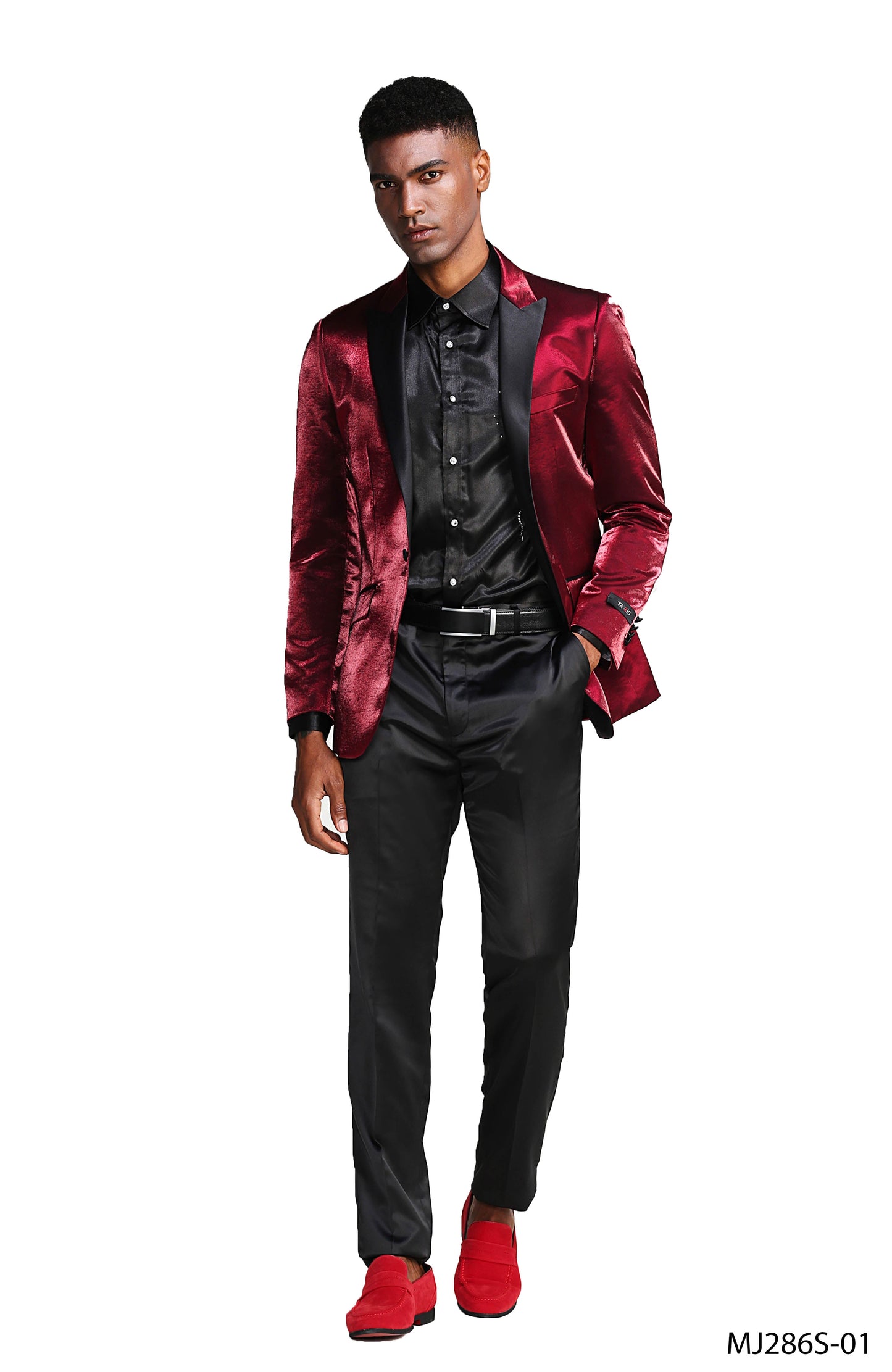 Burgundy Satin Textured Black Satin Peak Lapel Slim Fit Tazzio Men's Jacket