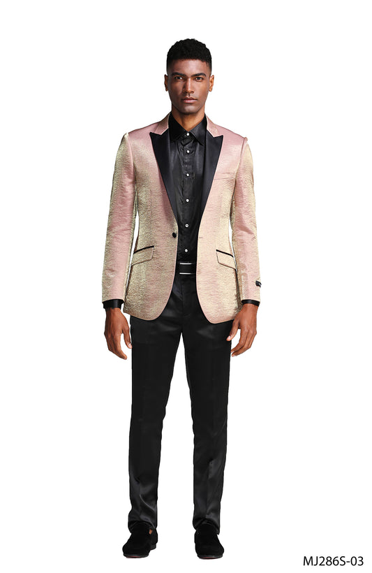 Rose Satin Textured Black Satin Peak Lapel Slim Fit Tazzio Men's Jacket