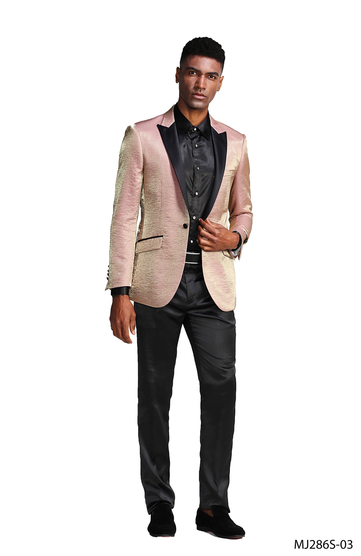 Rose Satin Textured Black Satin Peak Lapel Slim Fit Tazzio Men's Jacket