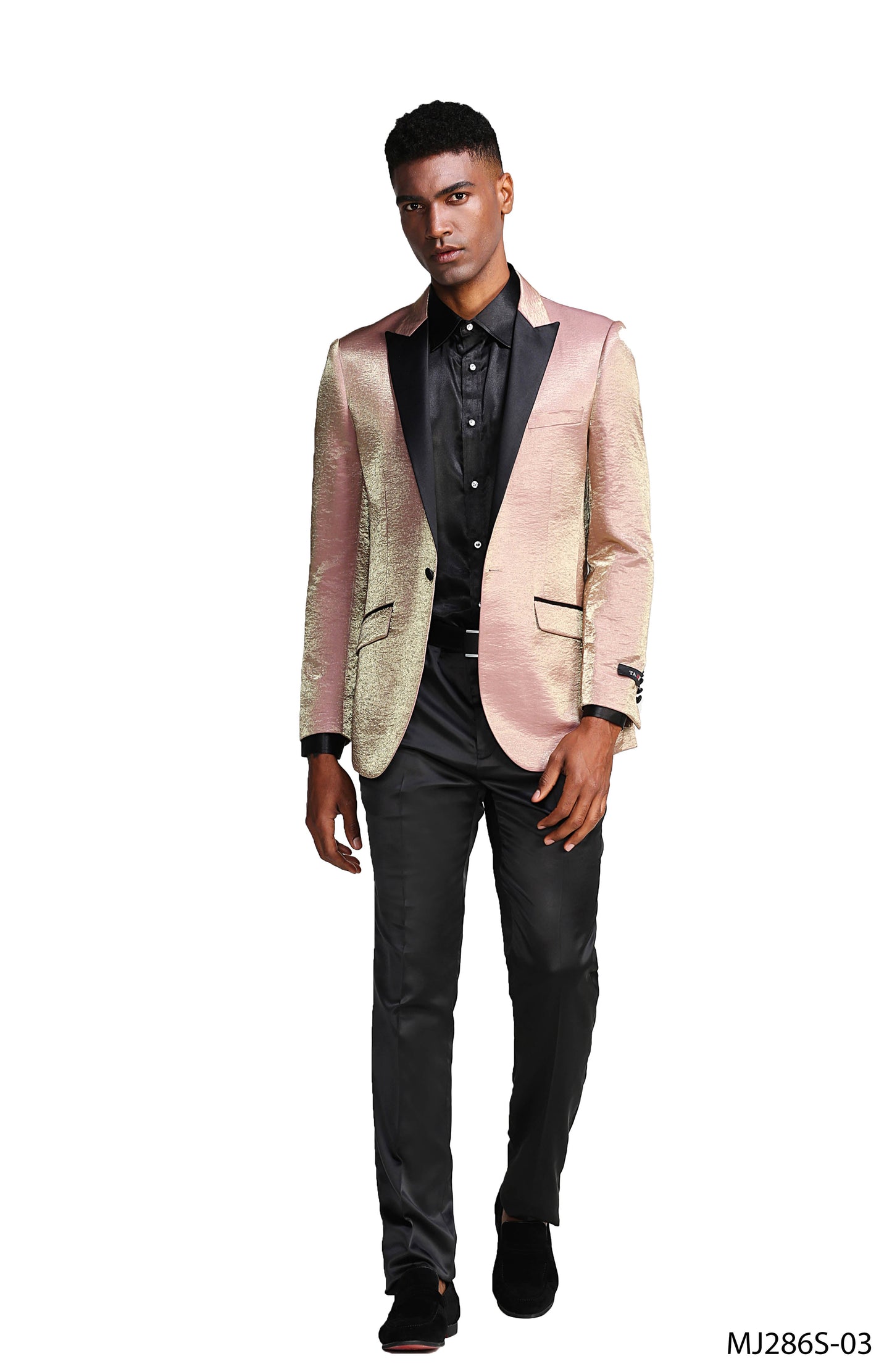 Rose Satin Textured Black Satin Peak Lapel Slim Fit Tazzio Men's Jacket