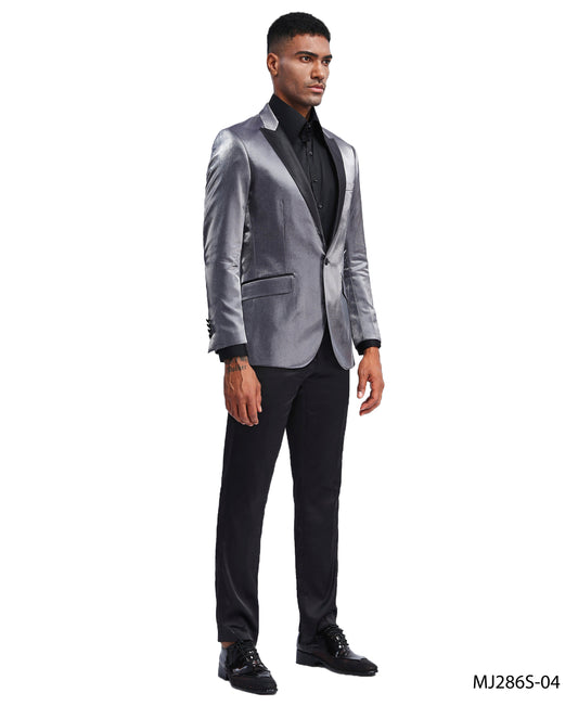 Charcoal Satin Textured Black Satin Peak Lapel Slim Fit Tazzio Men's Jacket