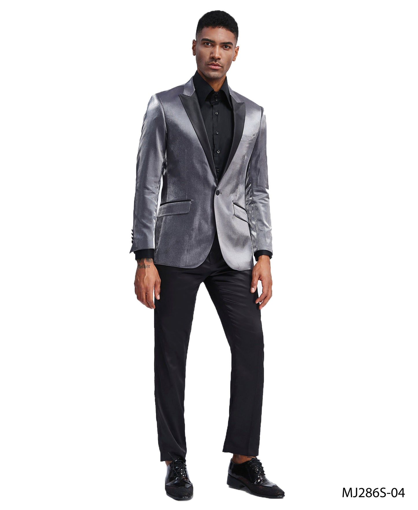 Charcoal Satin Textured Black Satin Peak Lapel Slim Fit Tazzio Men's Jacket