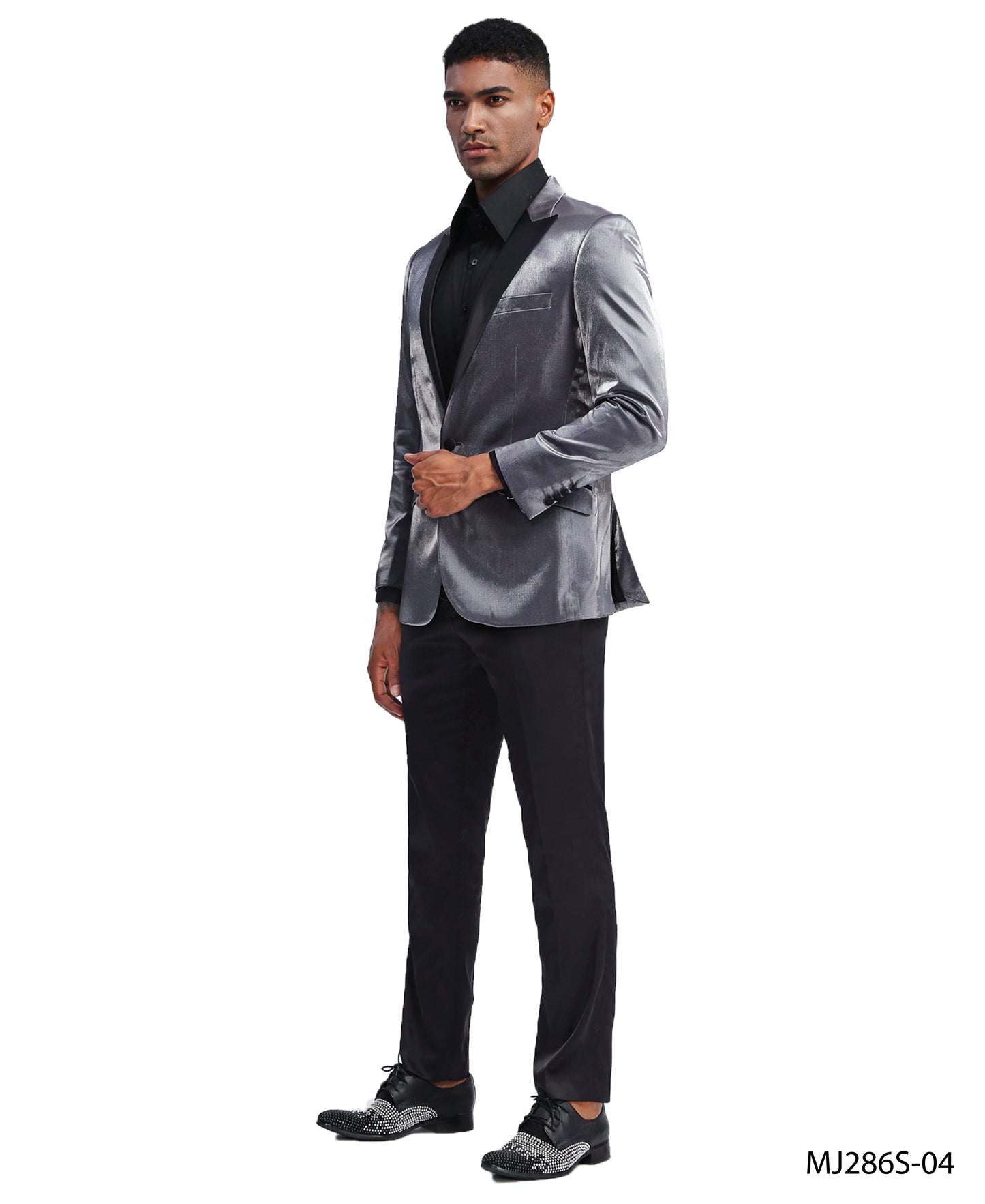 Charcoal Satin Textured Black Satin Peak Lapel Slim Fit Tazzio Men's Jacket