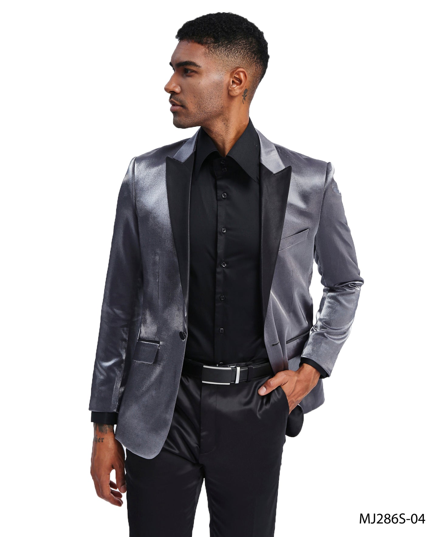 Charcoal Satin Textured Black Satin Peak Lapel Slim Fit Tazzio Men's Jacket