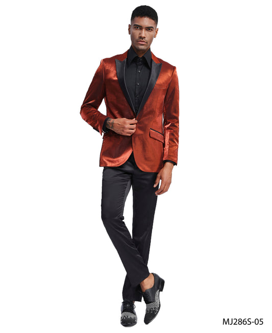 Rust Satin Textured Black Satin Peak Lapel Slim Fit Tazzio Men's Jacket