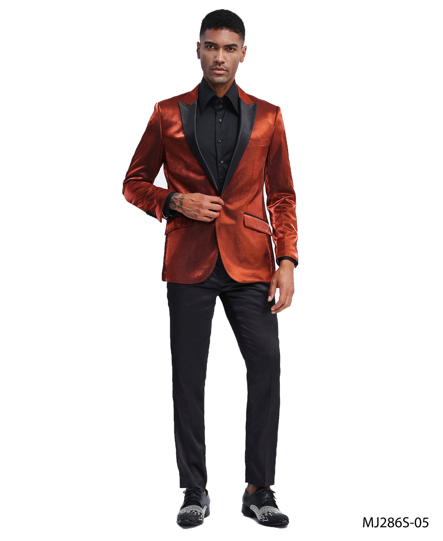 Rust Satin Textured Black Satin Peak Lapel Slim Fit Tazzio Men's Jacket