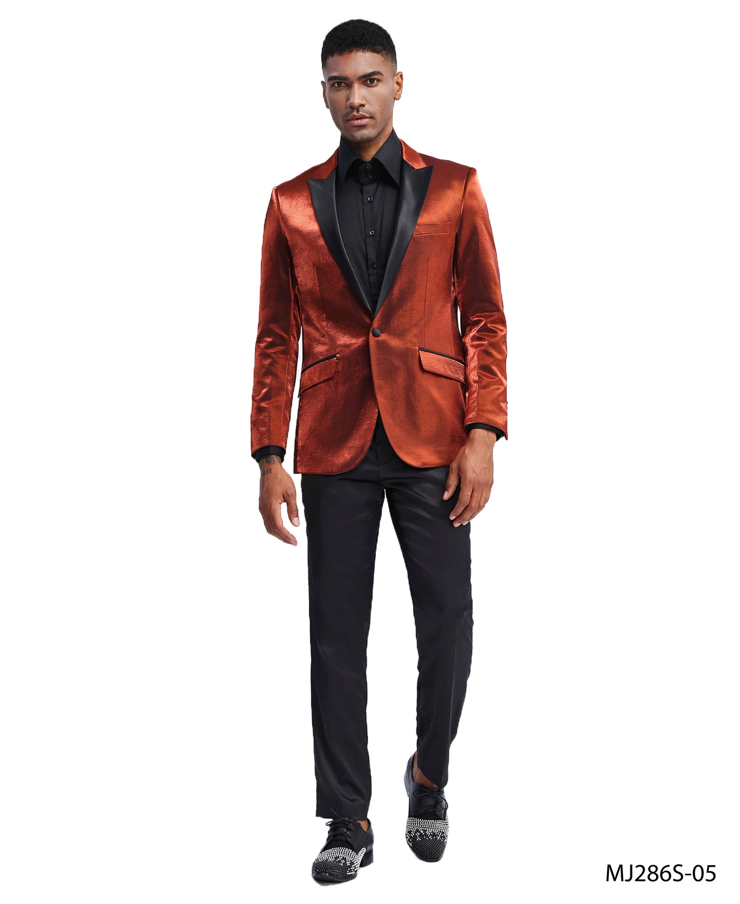 Rust Satin Textured Black Satin Peak Lapel Slim Fit Tazzio Men's Jacket