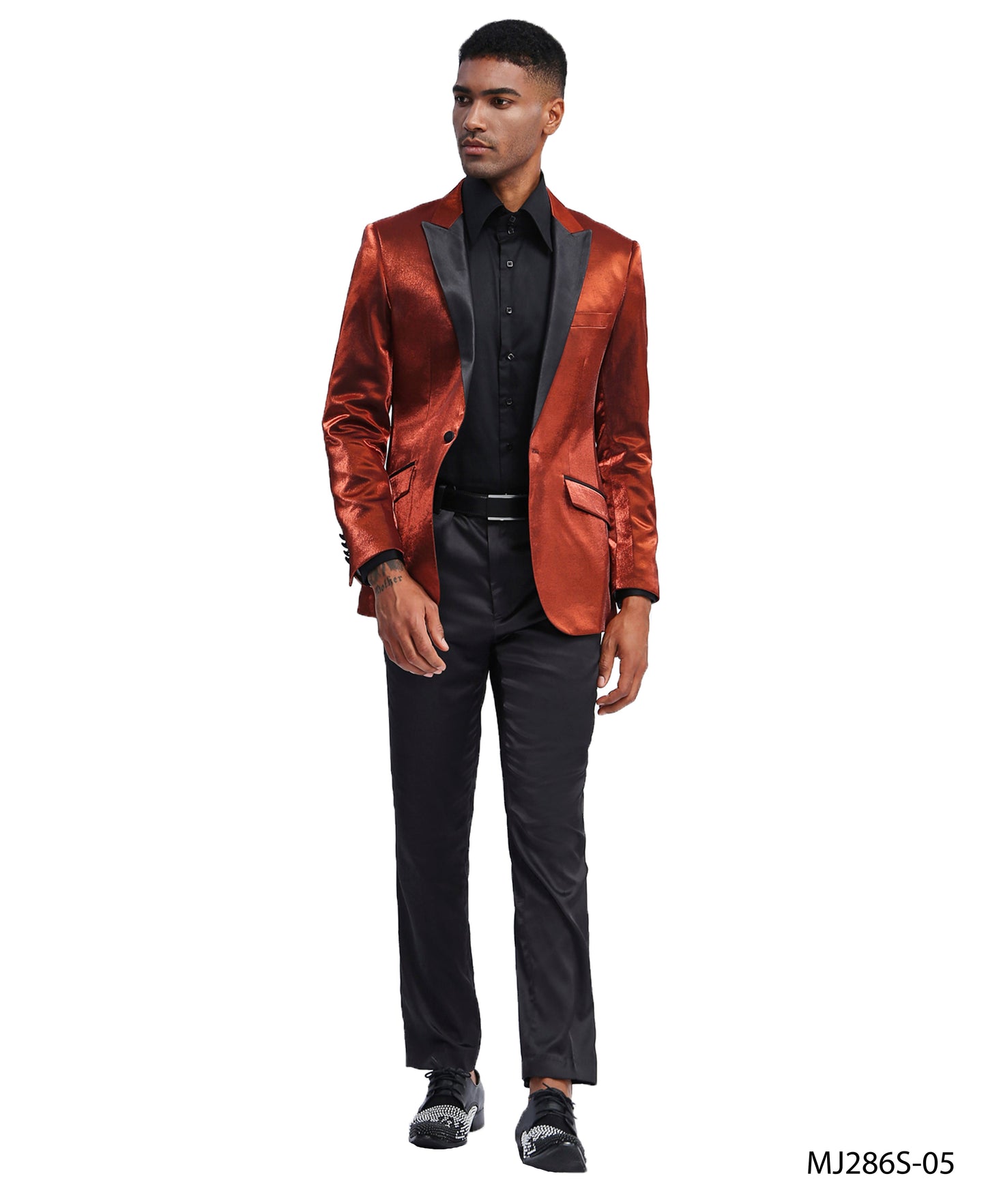 Rust Satin Textured Black Satin Peak Lapel Slim Fit Tazzio Men's Jacket