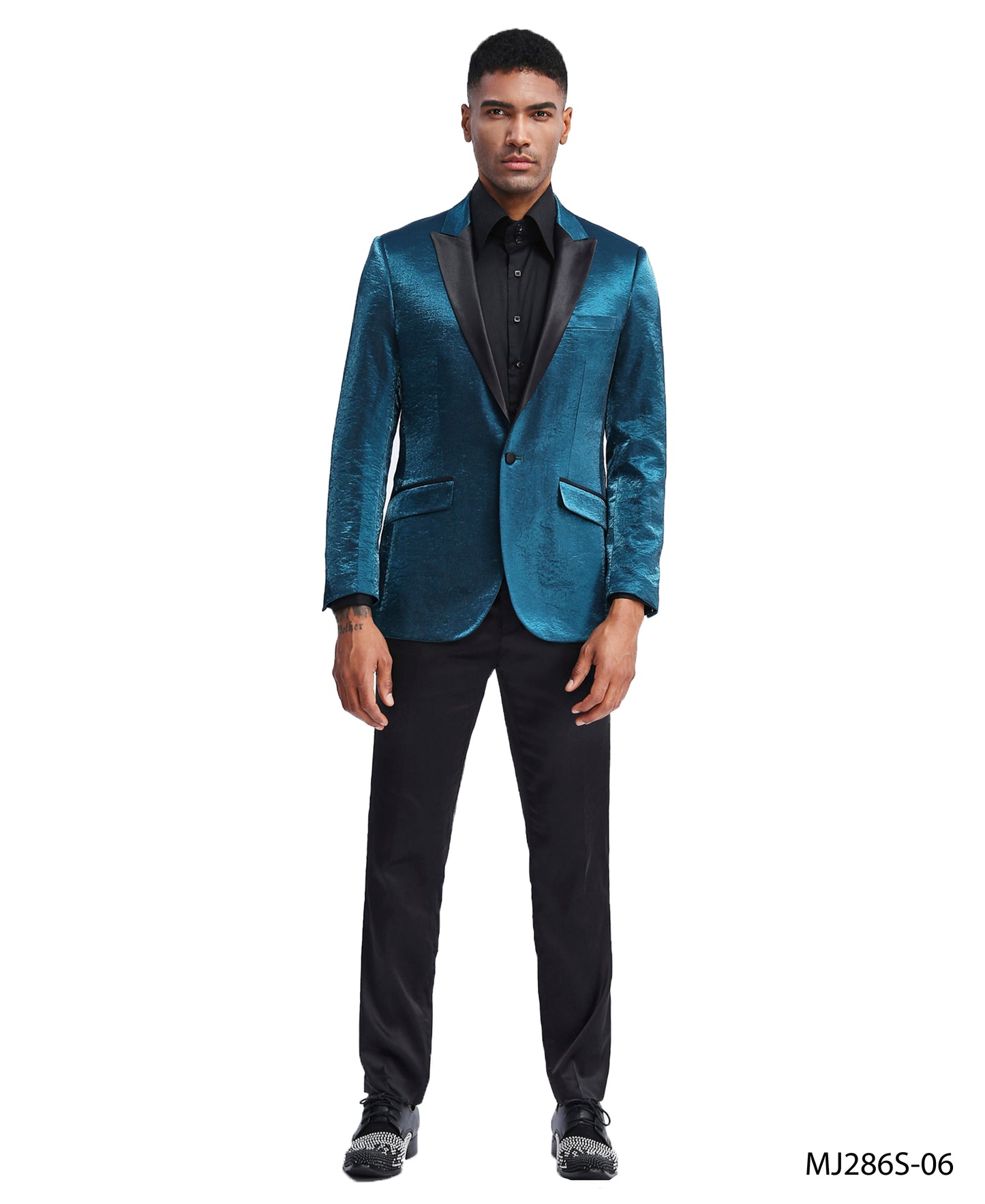 Turquoise Satin Textured Black Satin Peak Lapel Slim Fit Tazzio Men's Jacket