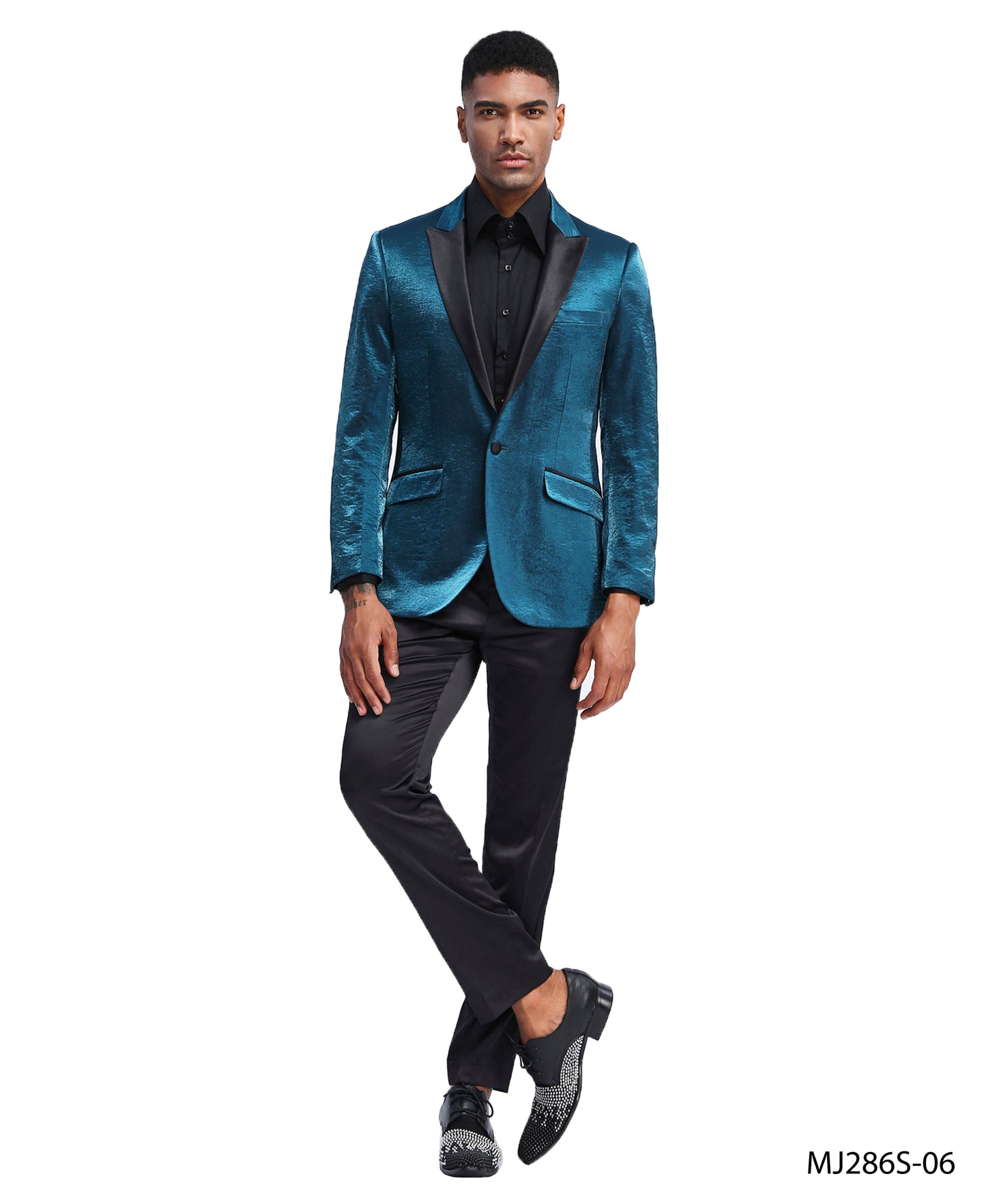 Turquoise Satin Textured Black Satin Peak Lapel Slim Fit Tazzio Men's Jacket