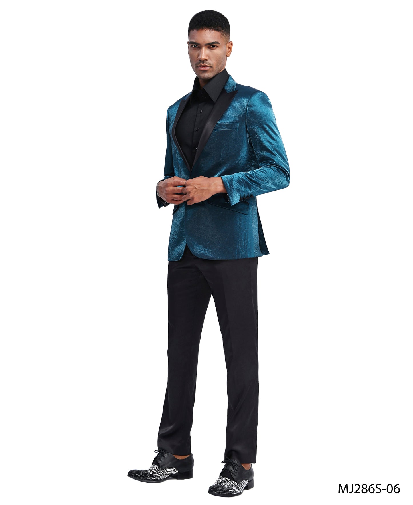 Turquoise Satin Textured Black Satin Peak Lapel Slim Fit Tazzio Men's Jacket