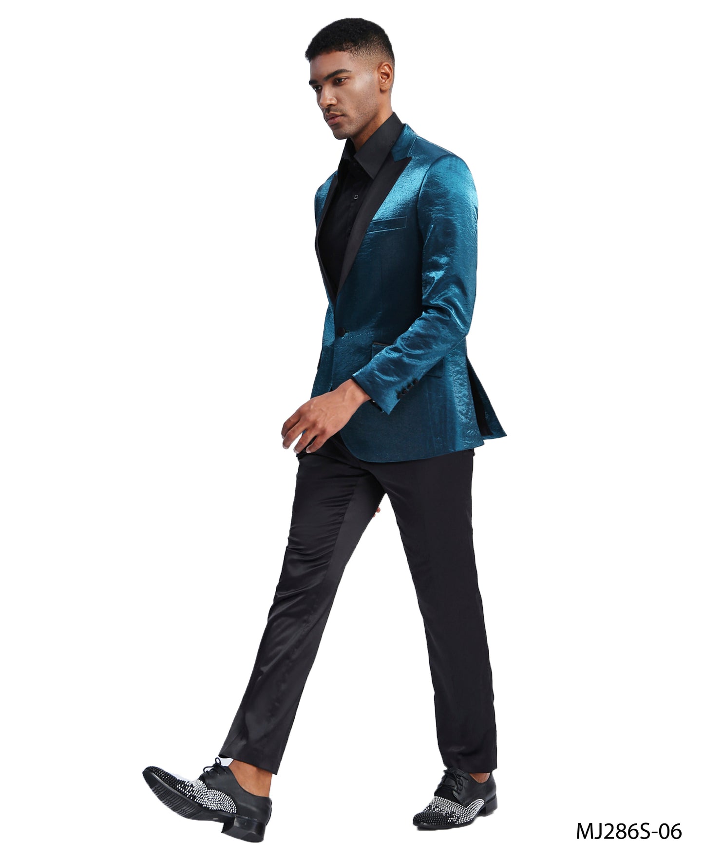 Turquoise Satin Textured Black Satin Peak Lapel Slim Fit Tazzio Men's Jacket