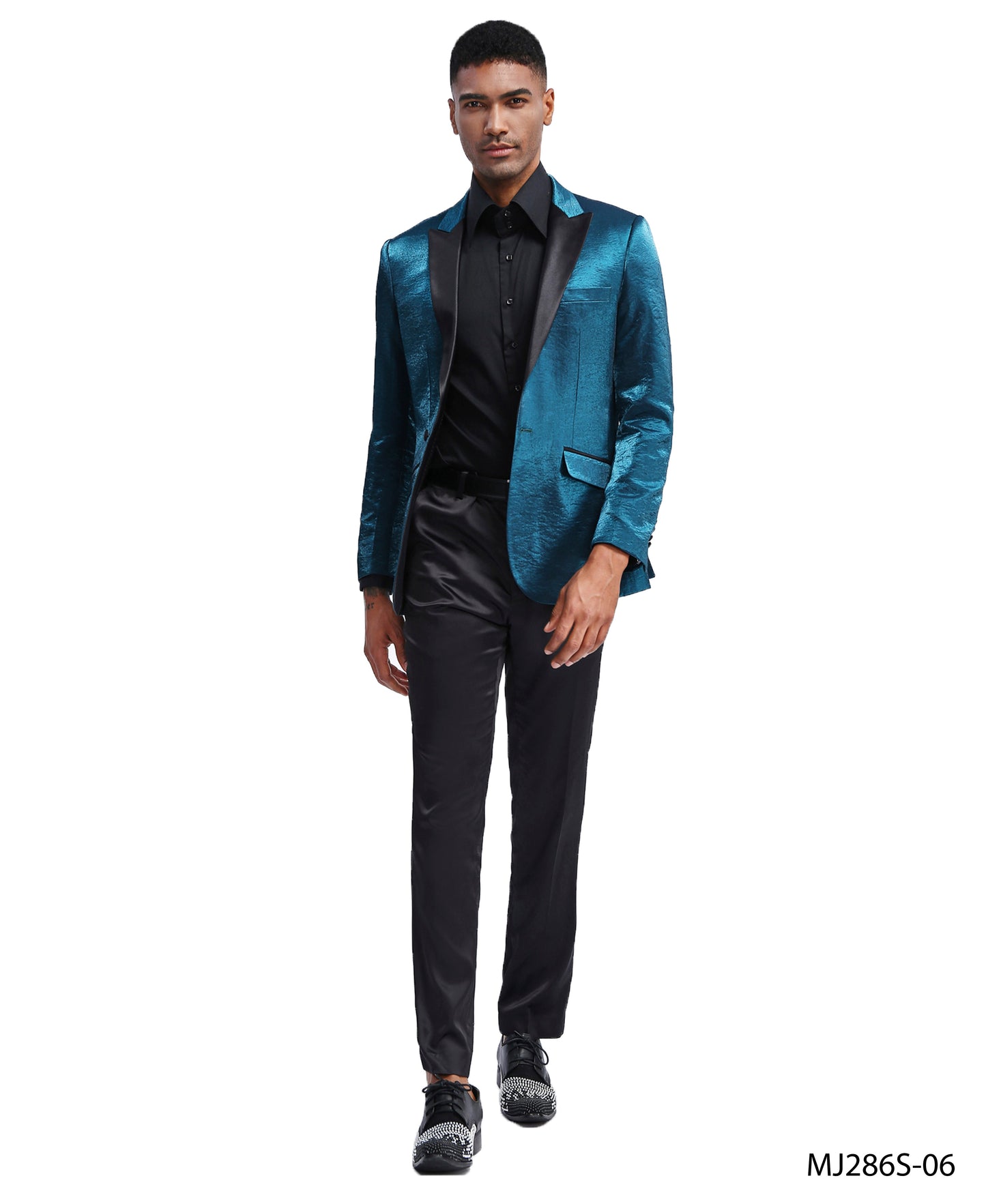 Turquoise Satin Textured Black Satin Peak Lapel Slim Fit Tazzio Men's Jacket