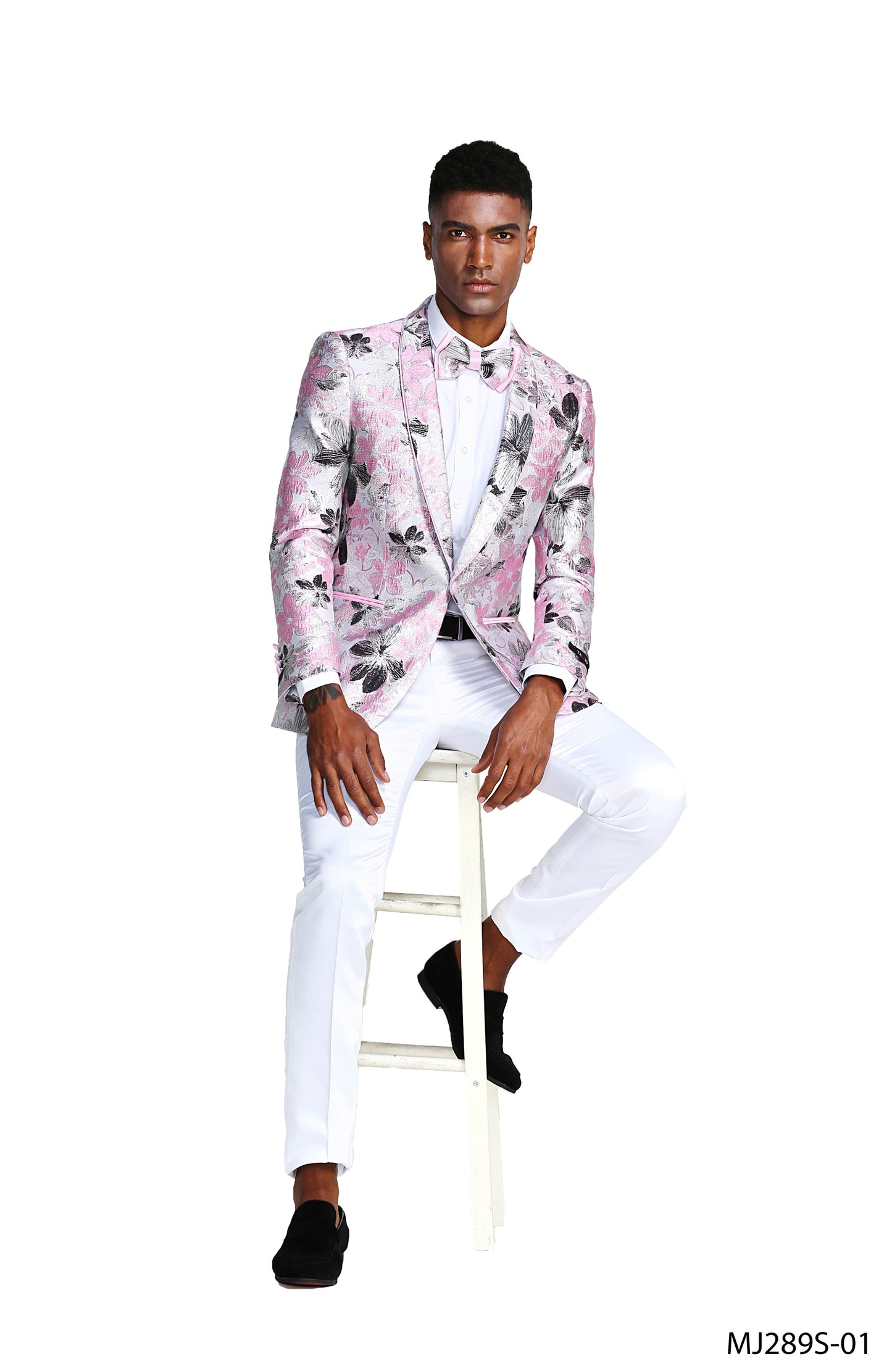 Pink Floral Shawl Lapel Slim Fit Tazzio Men's Jacket With Matching BowTie