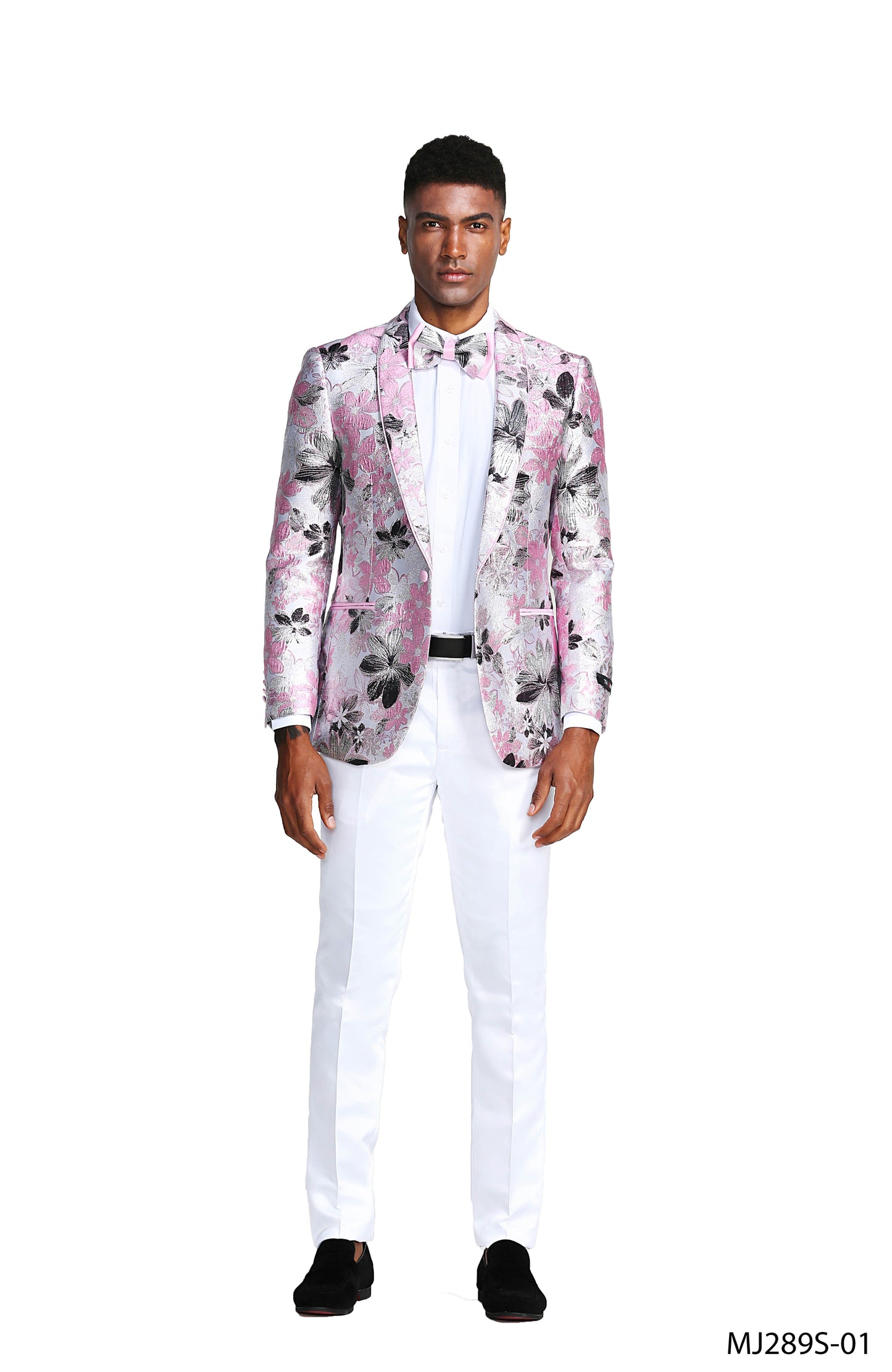 Pink Floral Shawl Lapel Slim Fit Tazzio Men's Jacket With Matching BowTie