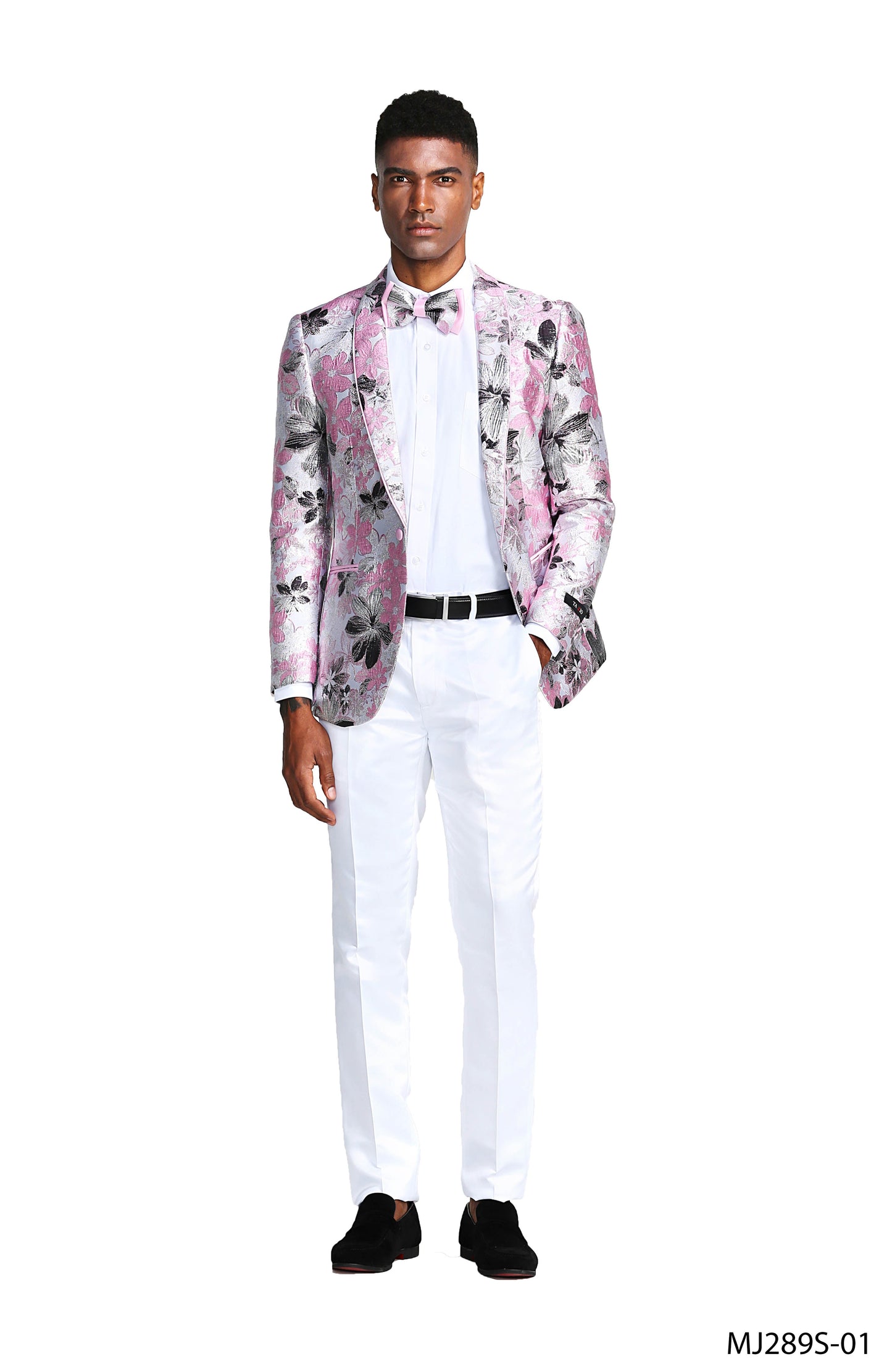 Pink Floral Shawl Lapel Slim Fit Tazzio Men's Jacket With Matching BowTie