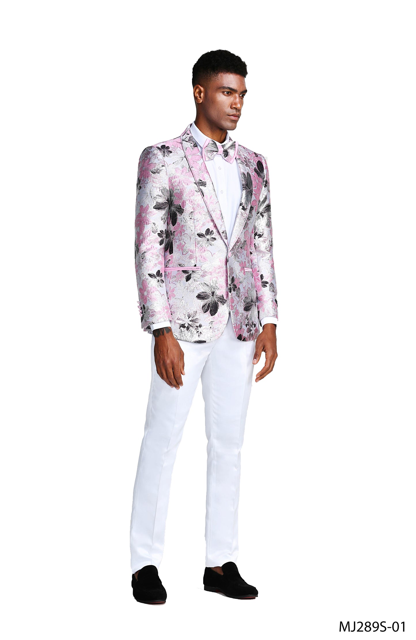 Pink Floral Shawl Lapel Slim Fit Tazzio Men's Jacket With Matching BowTie