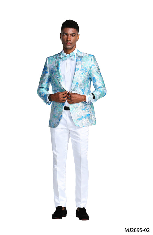 Blue Floral Shawl Lapel Slim Fit Tazzio Men's Jacket With Matching BowTie