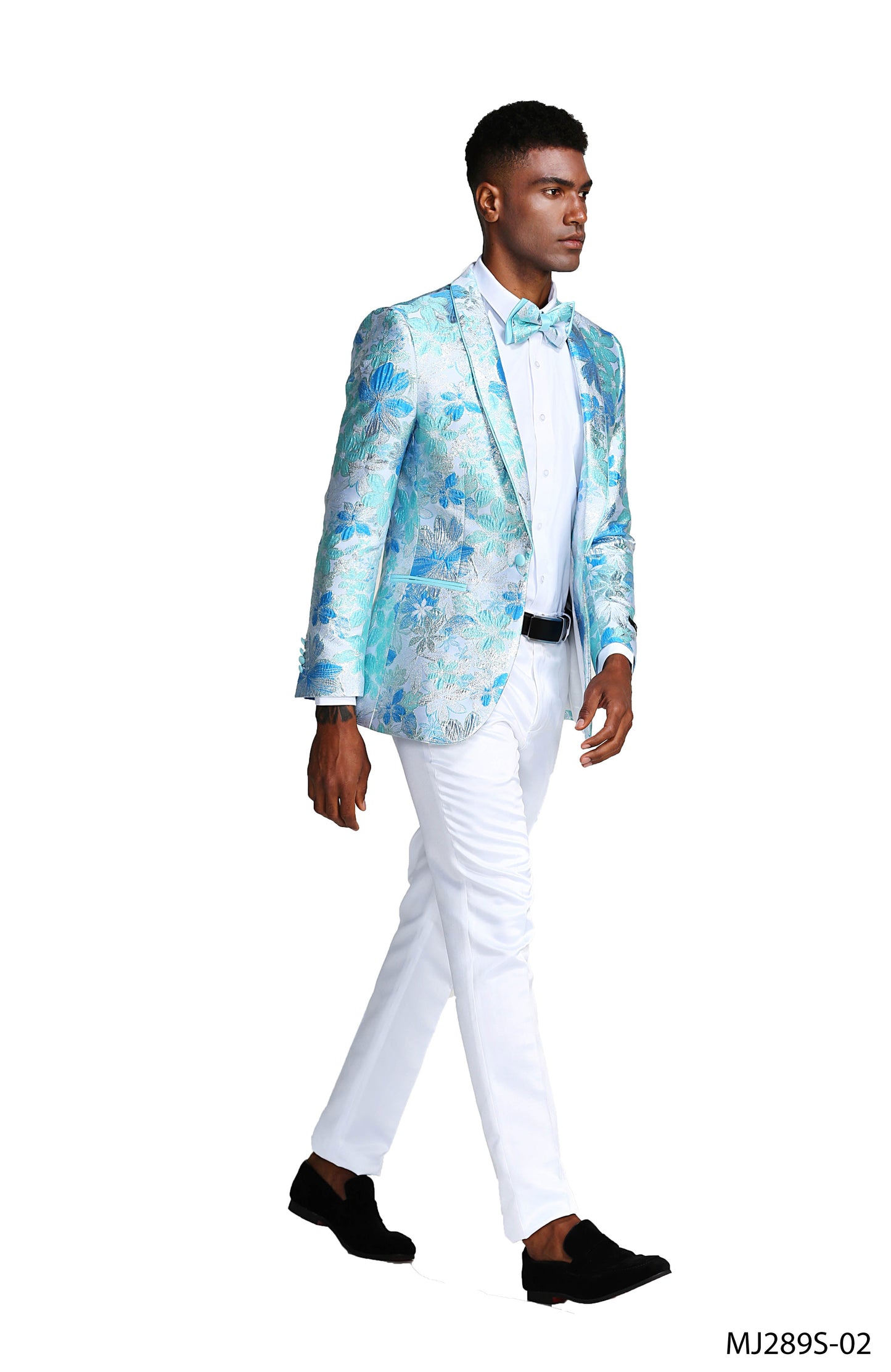 Blue Floral Shawl Lapel Slim Fit Tazzio Men's Jacket With Matching BowTie