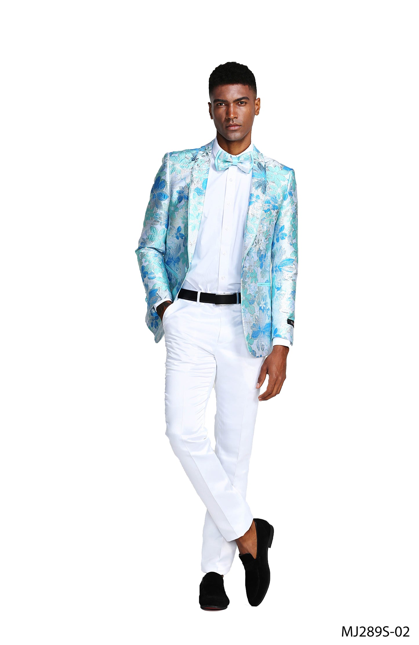 Blue Floral Shawl Lapel Slim Fit Tazzio Men's Jacket With Matching BowTie