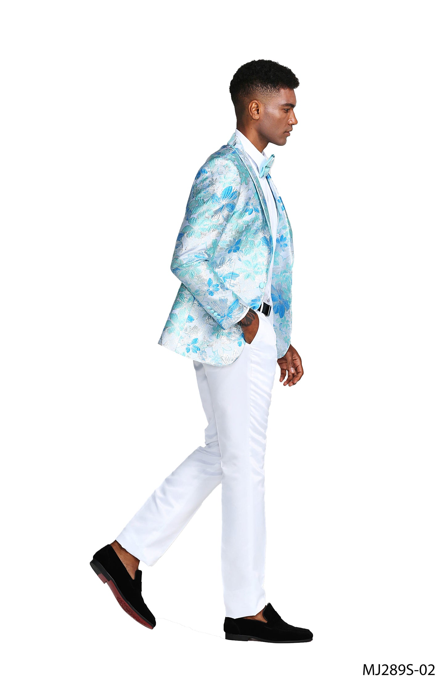 Blue Floral Shawl Lapel Slim Fit Tazzio Men's Jacket With Matching BowTie