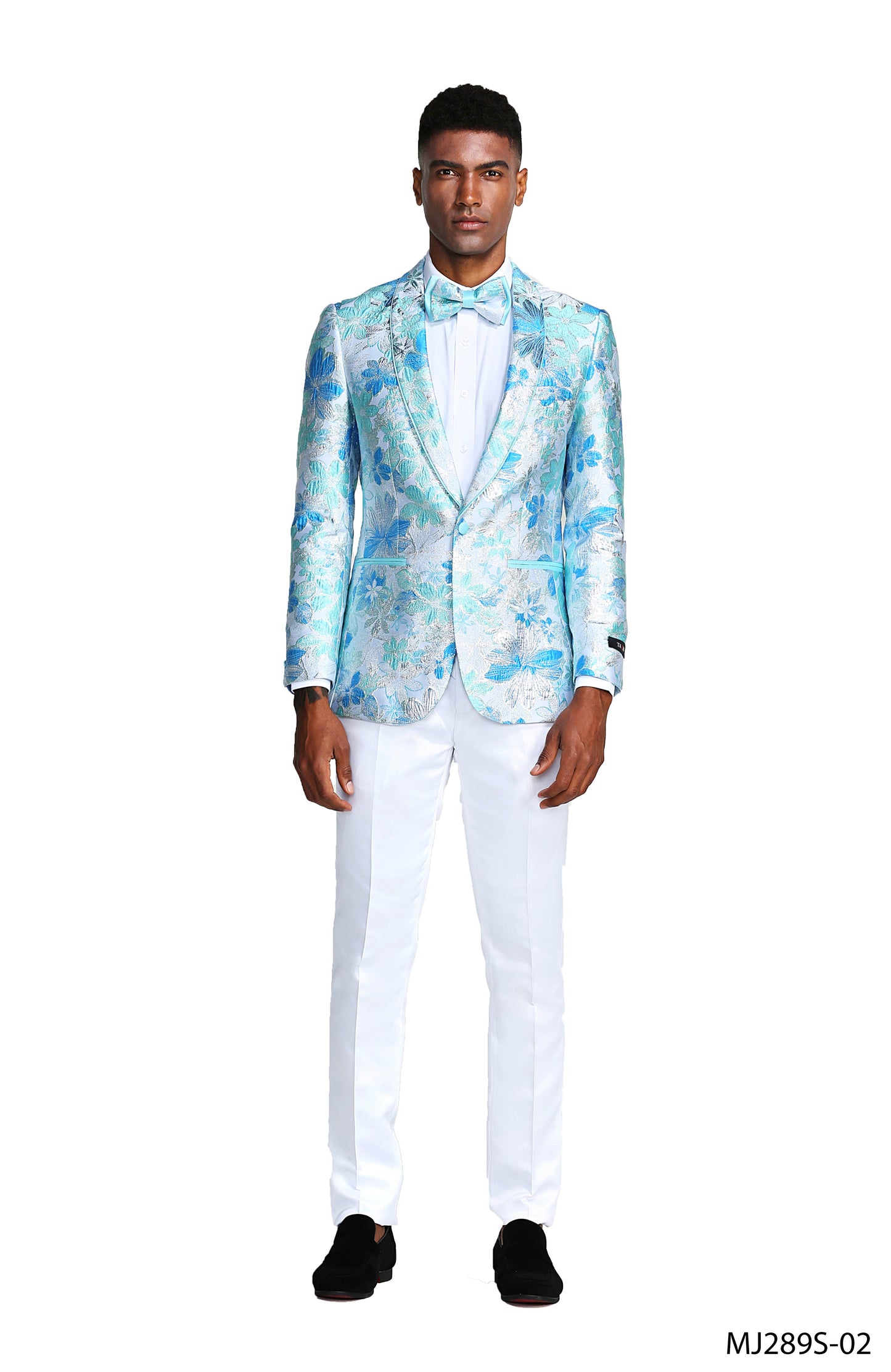 Blue Floral Shawl Lapel Slim Fit Tazzio Men's Jacket With Matching BowTie