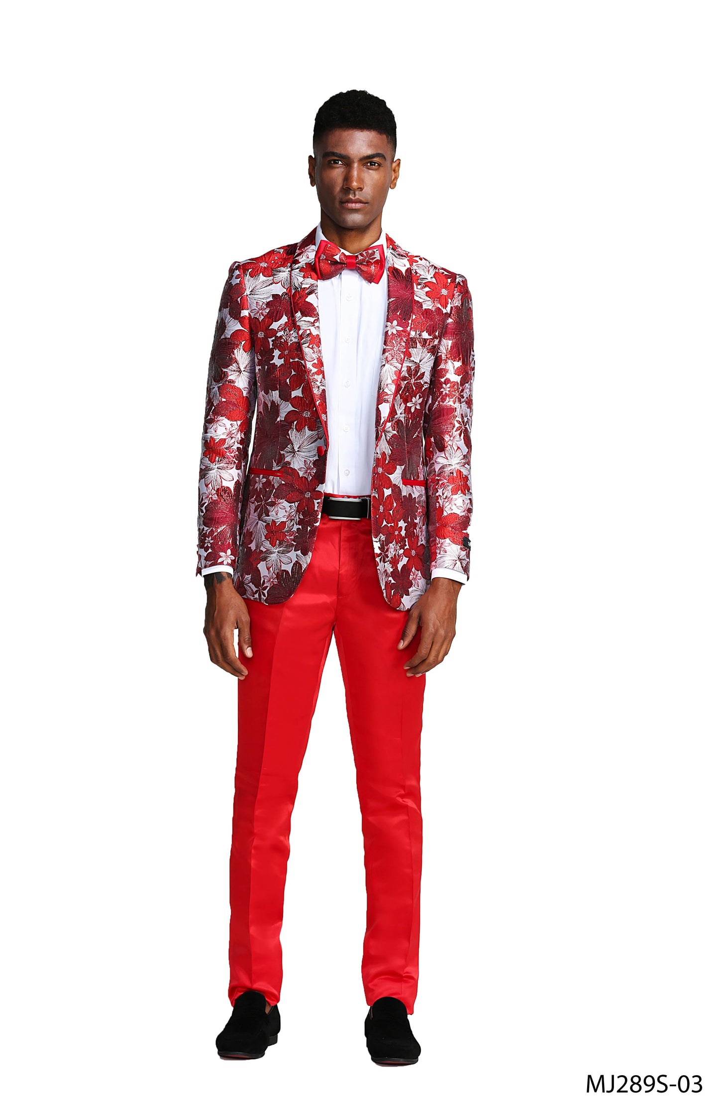 Red Floral Shawl Lapel Slim Fit Tazzio Men's Jacket With Matching BowTie