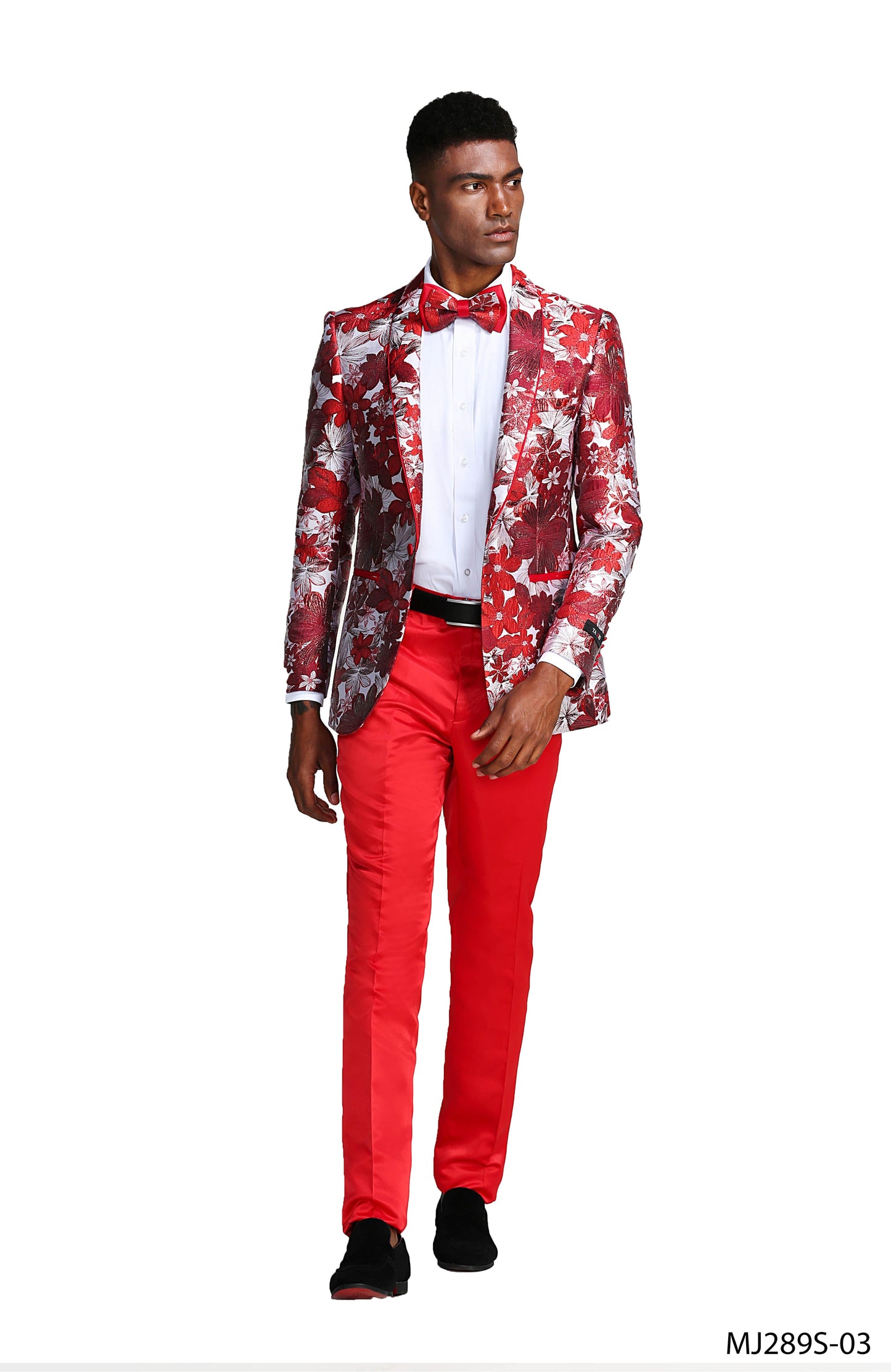 Red Floral Shawl Lapel Slim Fit Tazzio Men's Jacket With Matching BowTie